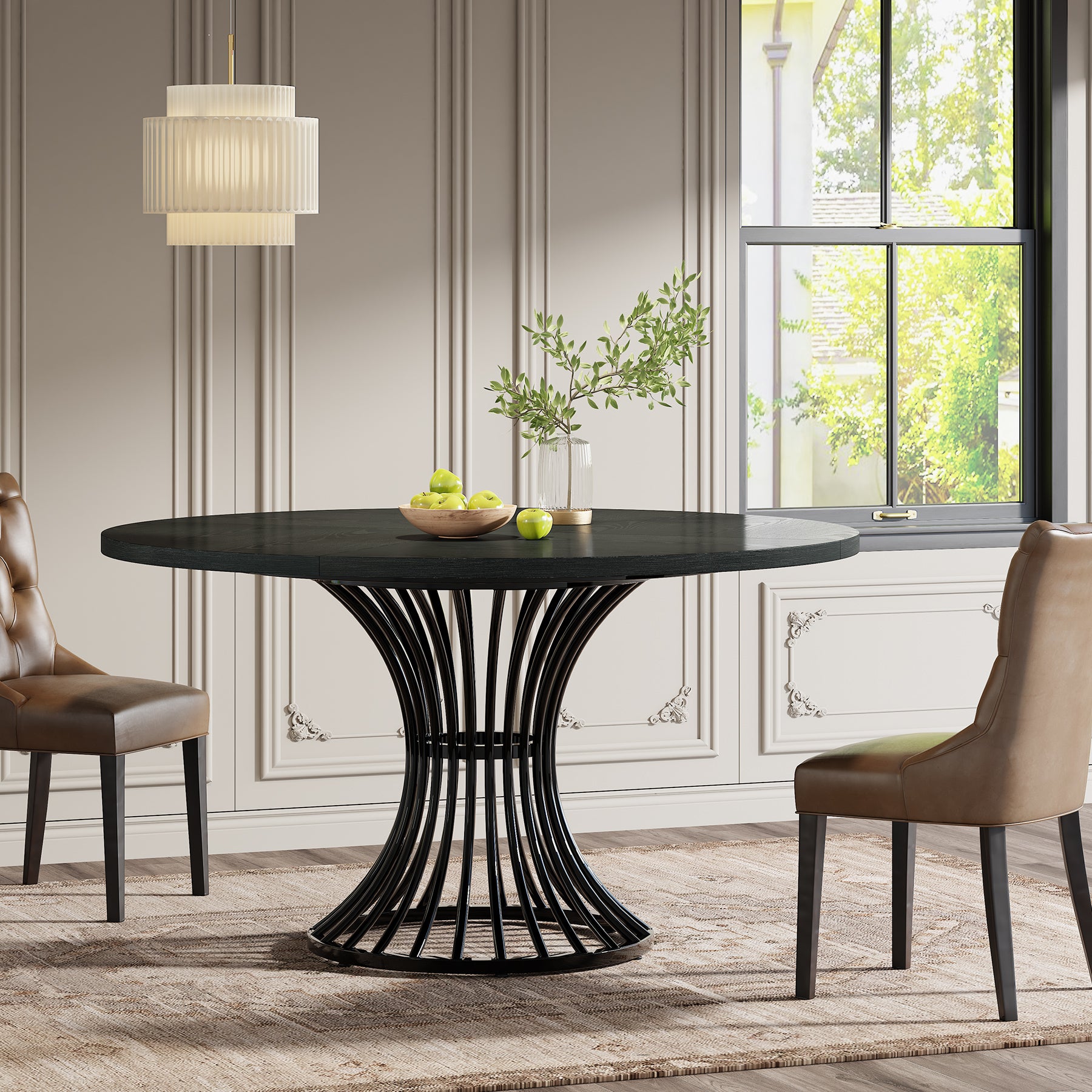 Tribesigns 47.2-Inch Round Dining Table for 4-6, Farmhouse Kitchen Table with Hourglass Metal Base