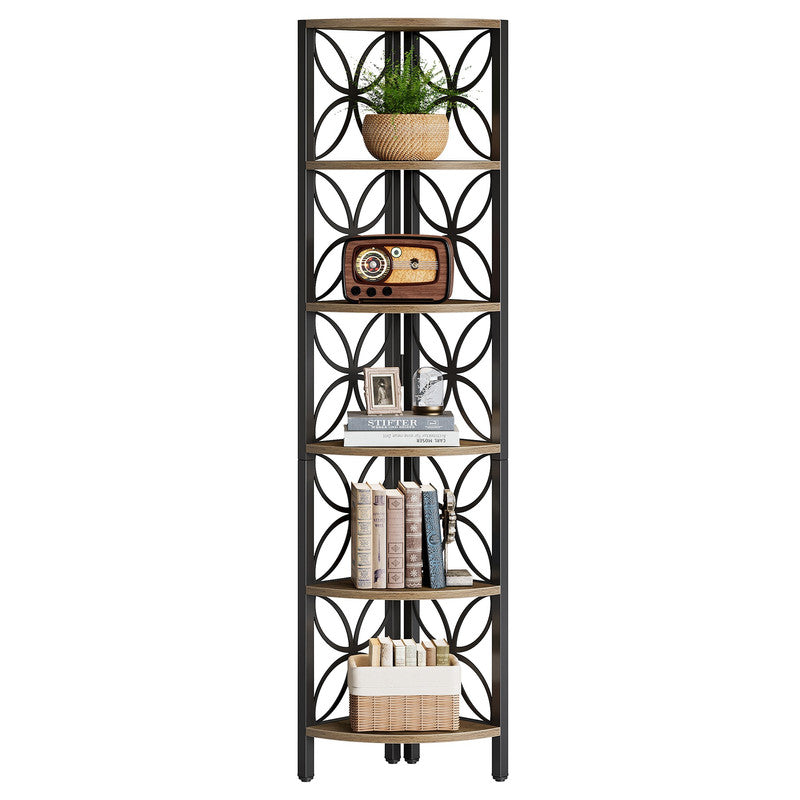 70.9" Industrial Rustic 6-Tier Corner Bookshelf, Display Shelf for Living Room & Small Spaces