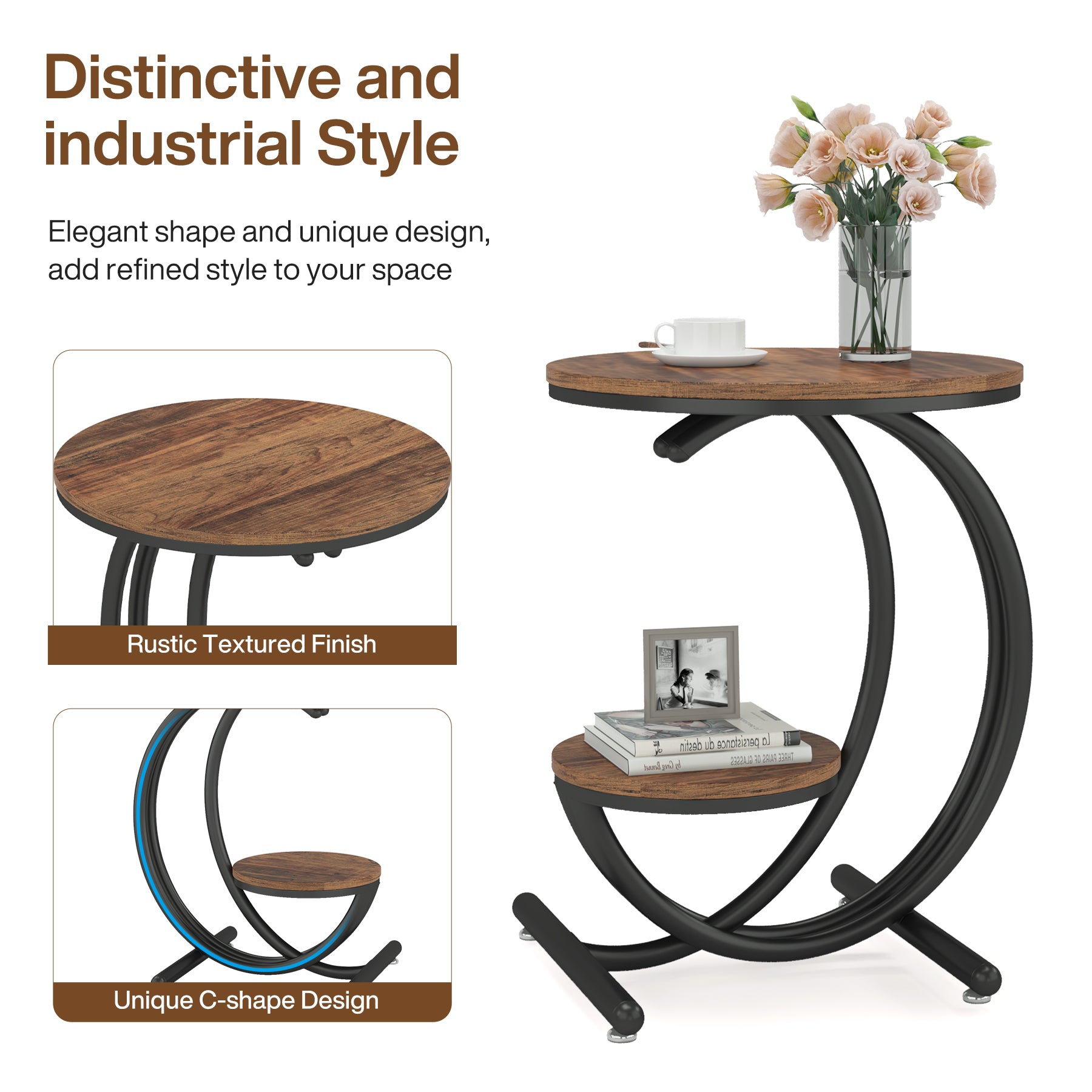 19.68" Round End Table with Storage, 2 Tier Industrial Side Table