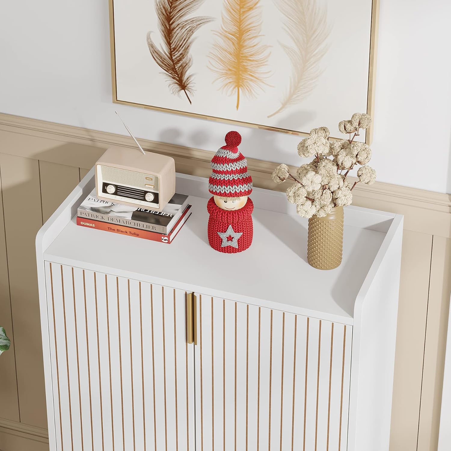 Tribesigns White 5-Tier Freestanding Wood Shoes Cabinet with Gold Metal Frame