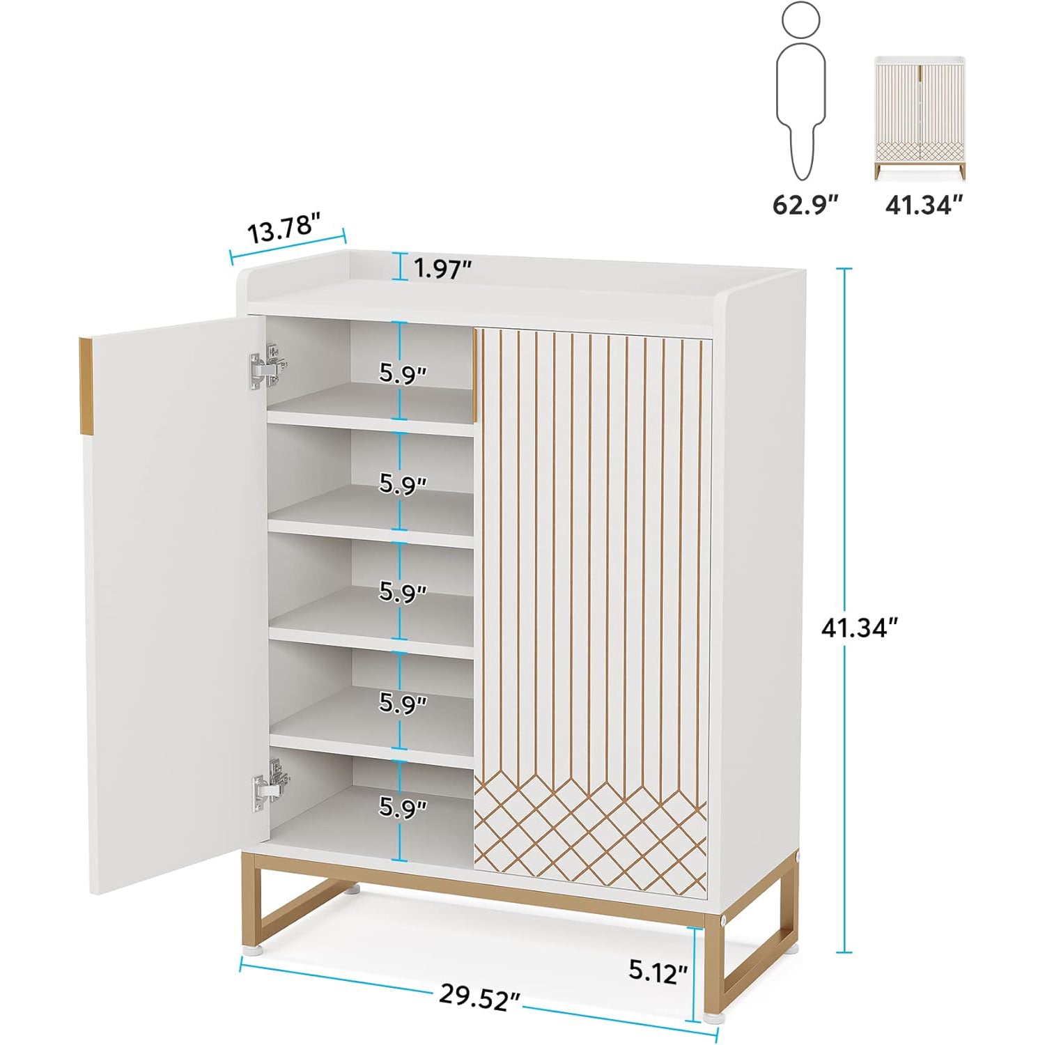 Tribesigns White 5-Tier Freestanding Wood Shoes Cabinet with Gold Metal Frame