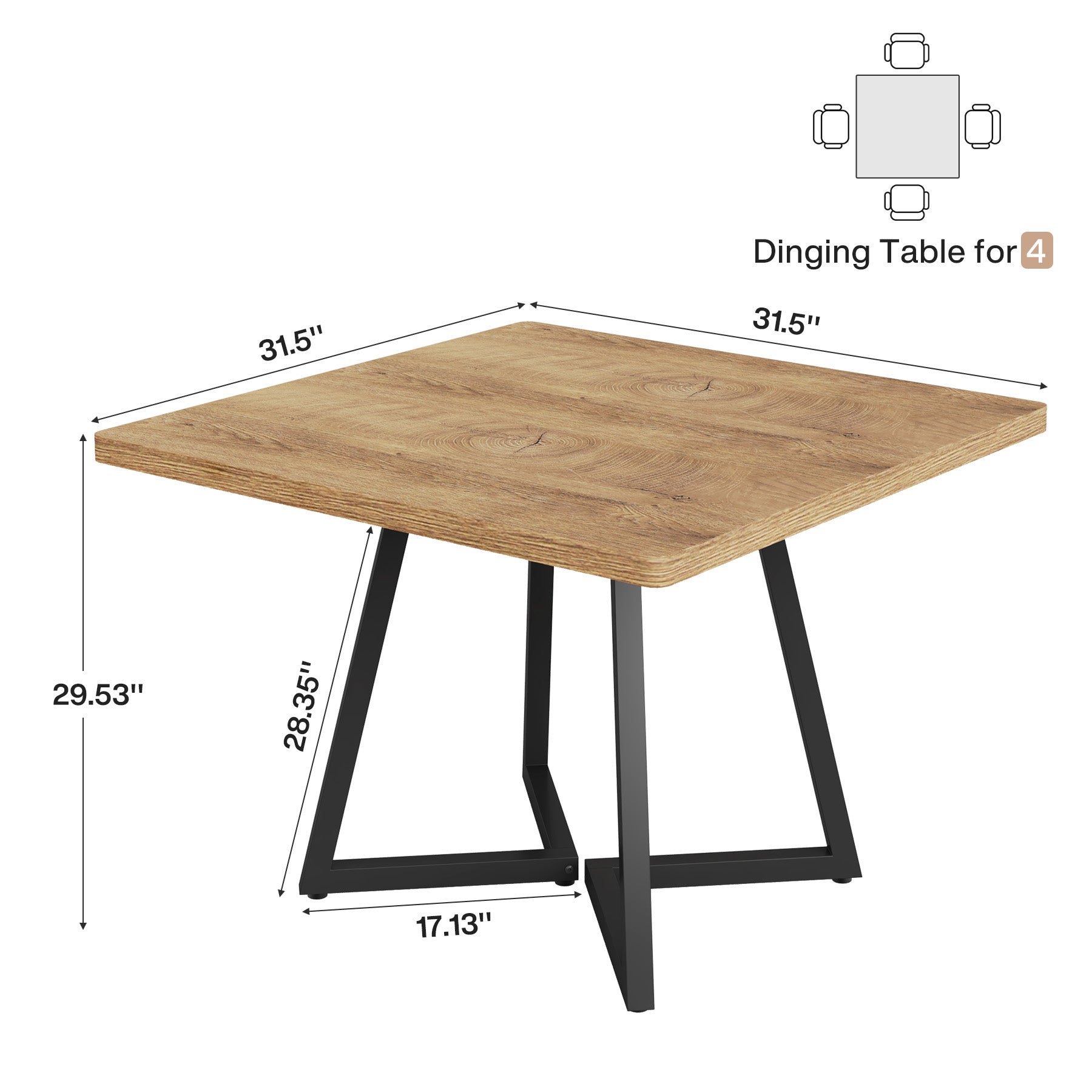 31.5" Square Dining Table, Wood Kitchen Table for 4