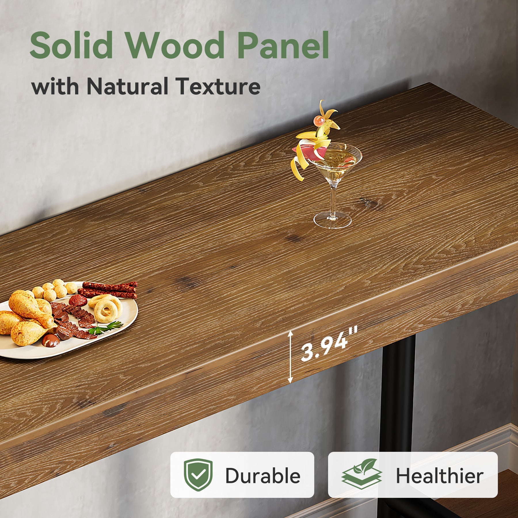 63-Inch Solid Wood Bar Table with Metal Legs, Rectangular Counter Height Pub Table