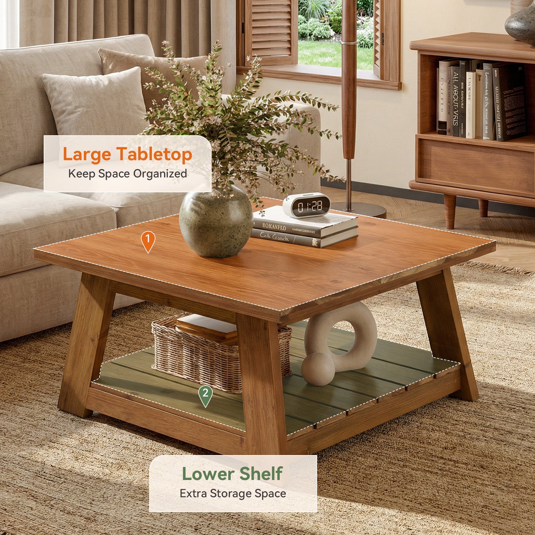 Tribesigns 31.5 Inch Solid Wood Square Coffee Table, Farmhouse Centre Table with Storage Shelf