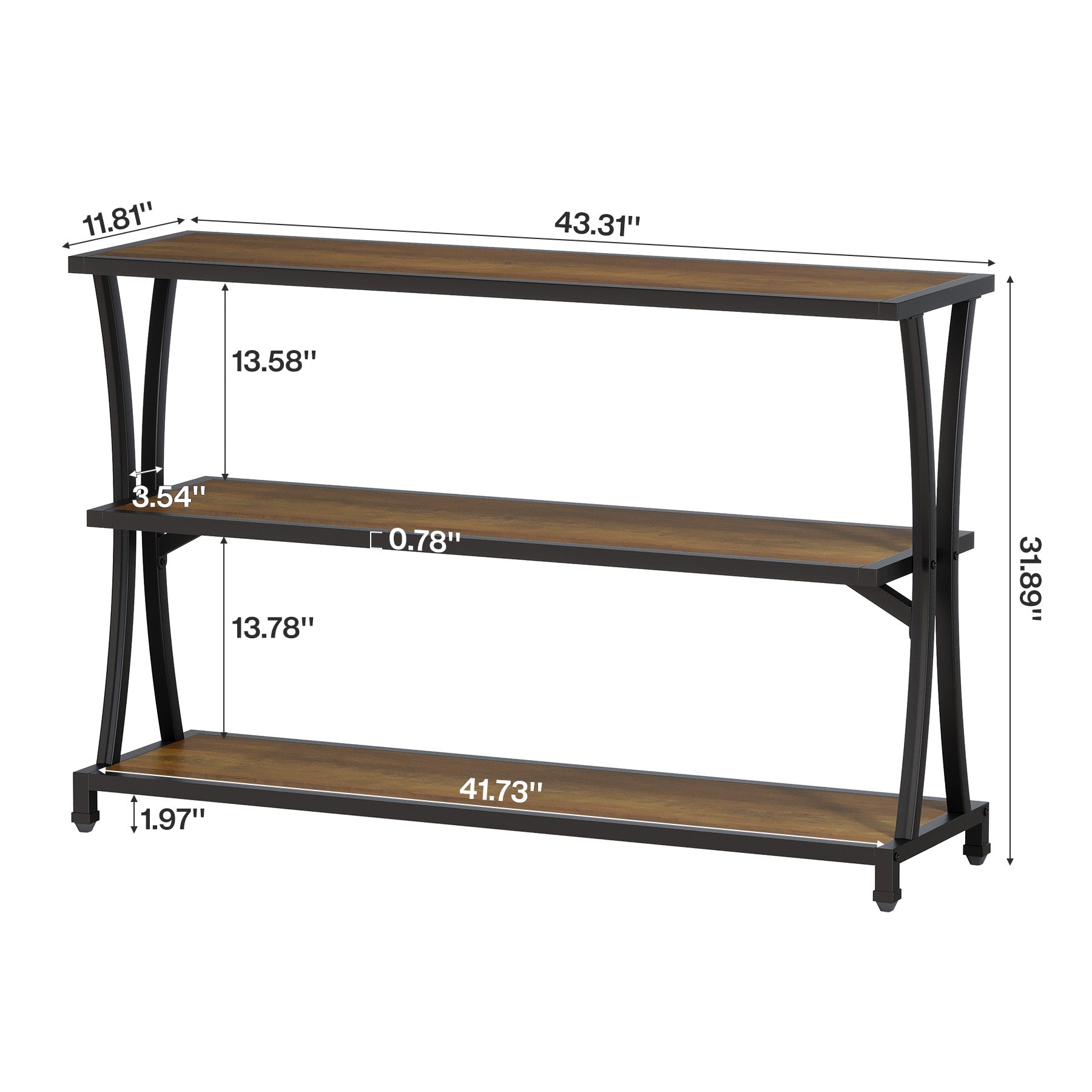 43.31" Industrial 3-Tier Console Table, Rustic Narrow Sofa Table with Storage Shelves