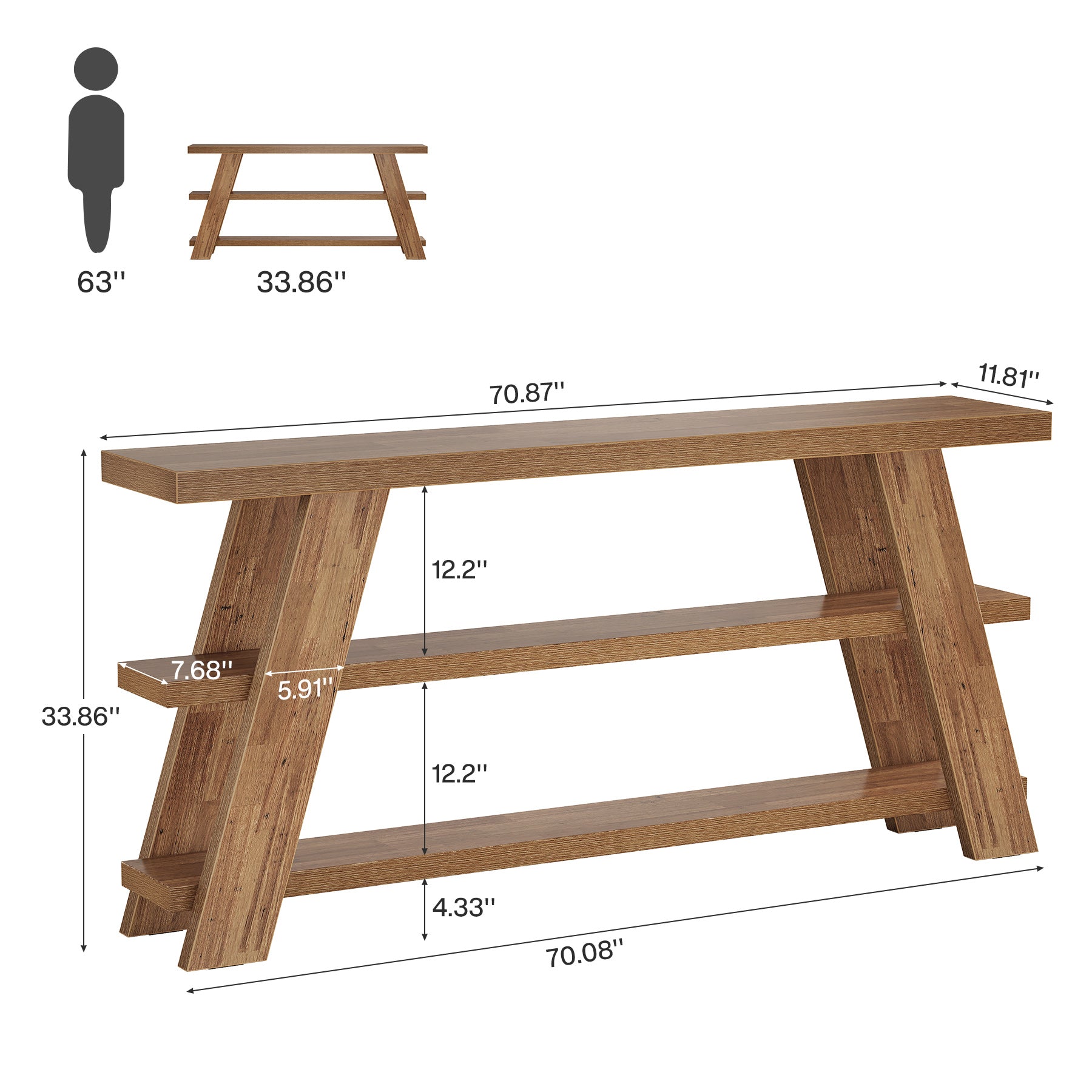 70.9" Farmhouse Console Table, 3-Tier Narrow Sofa Table with Storage
