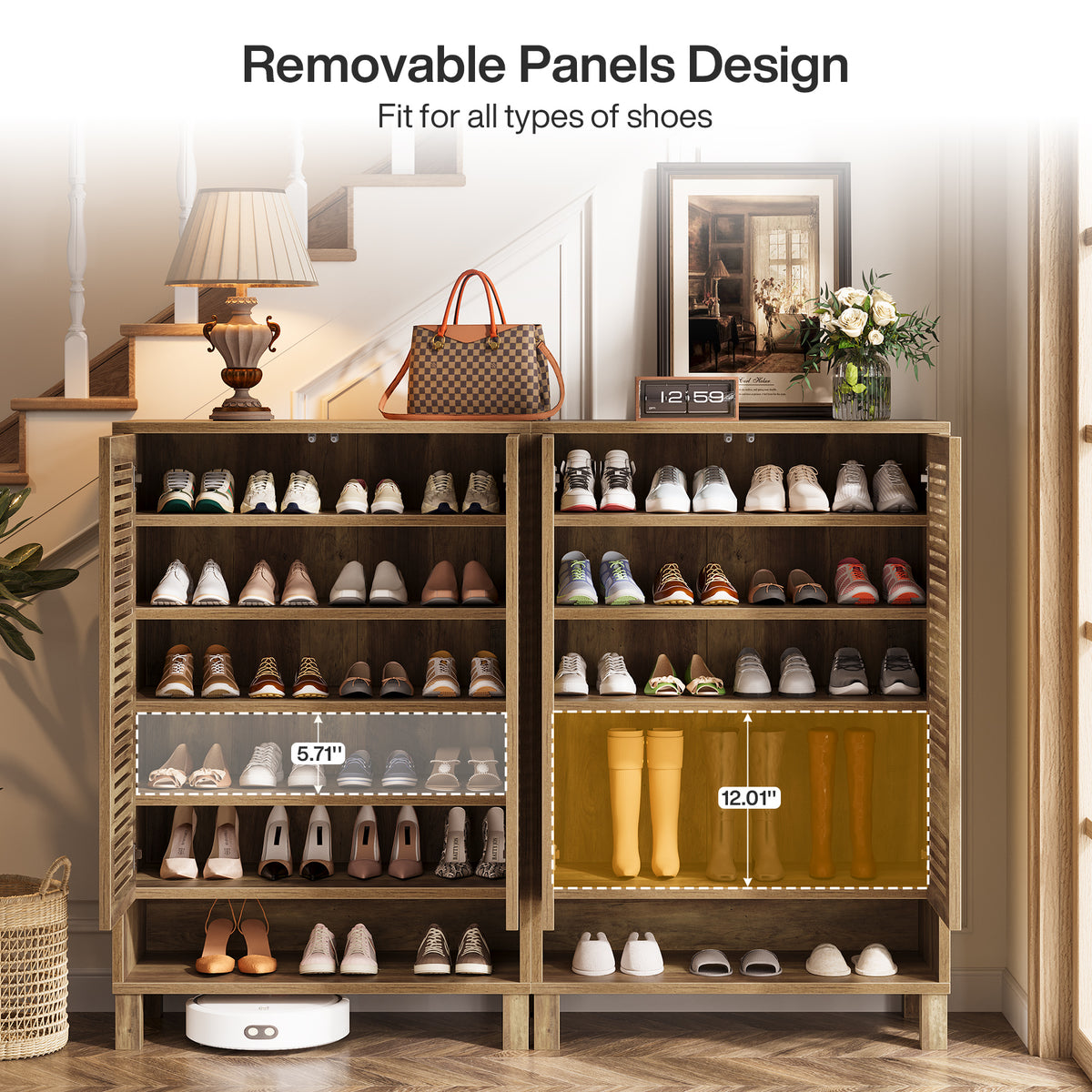 Free-Standing Shoe Cabinet, Narrow Farmhouse Wooden Organizer with 6 Shelves