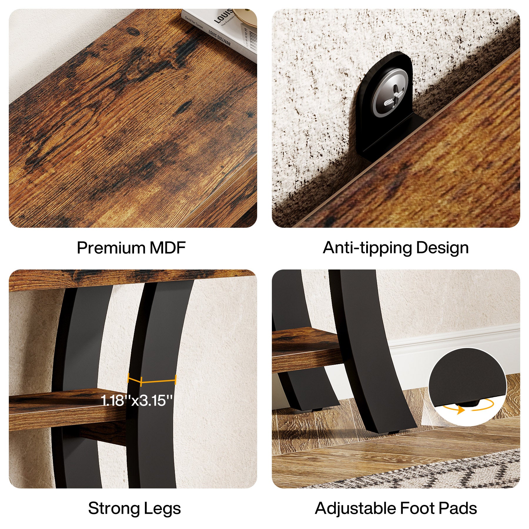 41.34" Rustic Console Table, 3-Tier Entryway Table with Curved Frame for Living Room