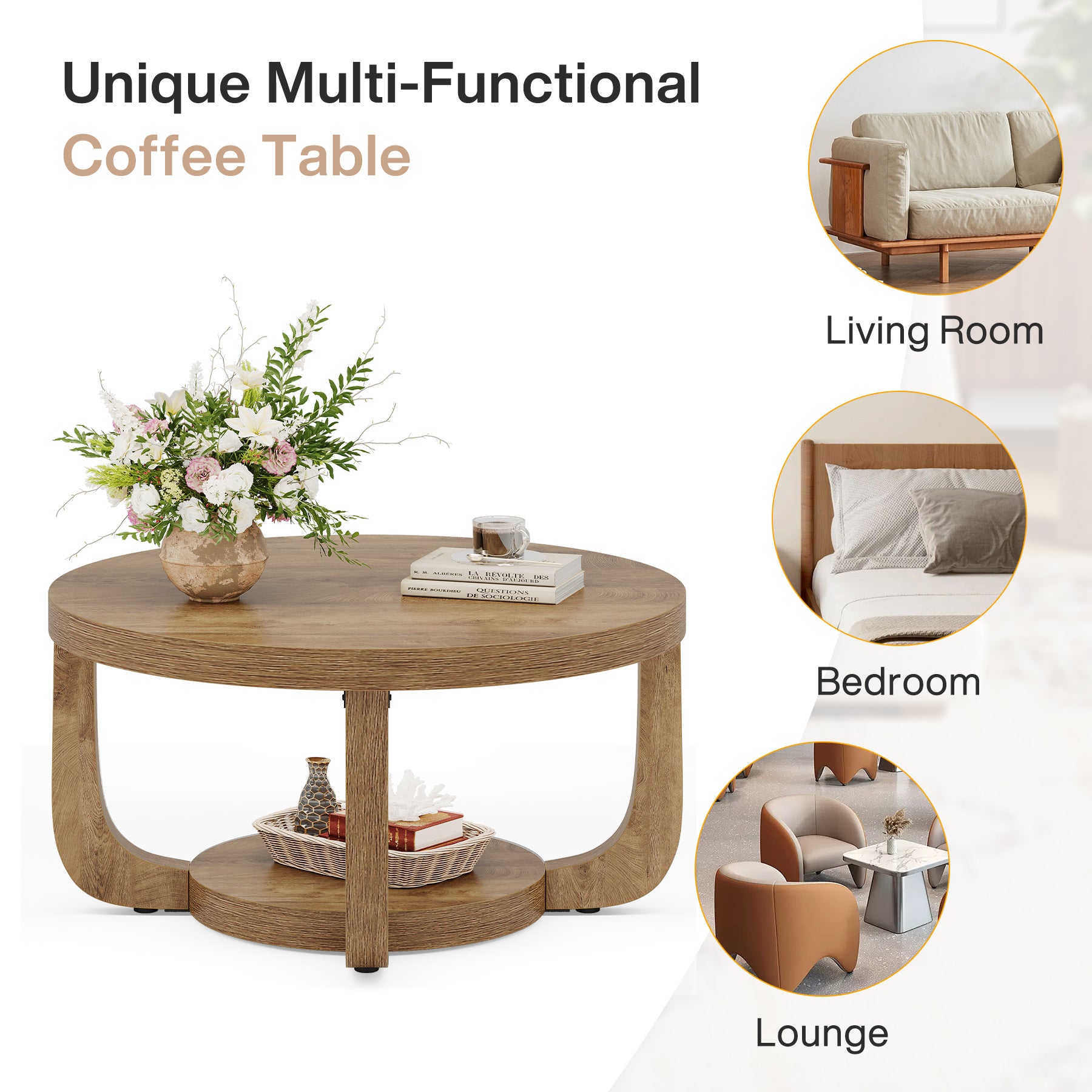 31.5" Round Coffee Table - 2-Tier Accent Center Table with Storage Shelf