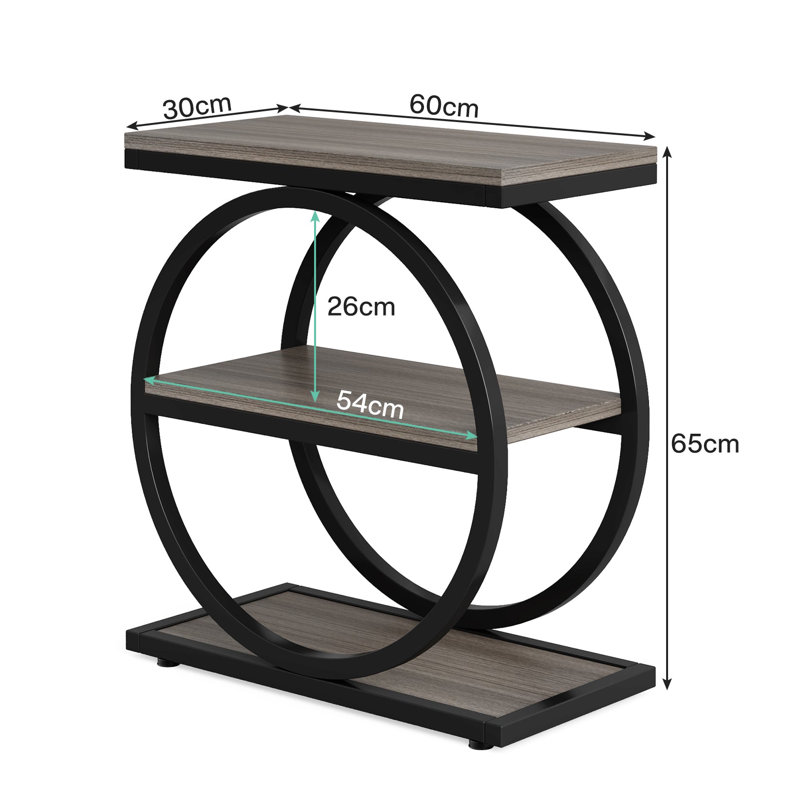 3-Tier End Table, Industrial Sofa Side Table with Round Metal Frame