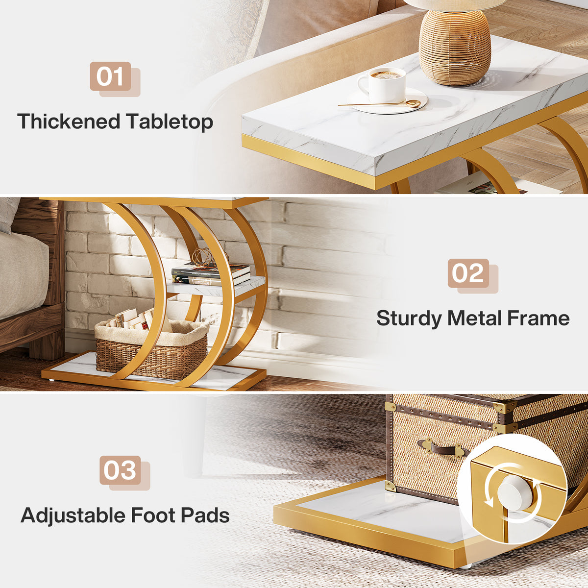 C-Space 3-Tier End Table, A Narrow C-Shaped Wood & Metal Side Table for Small Spaces