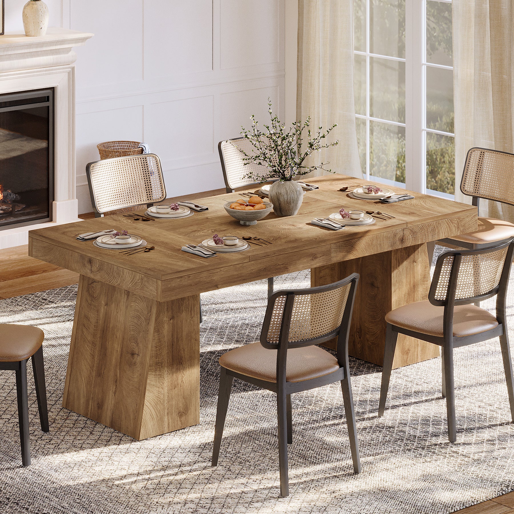 Tribesigns 55-Inch Dining Table for 4-6 People, Rectangular Farmhouse Kitchen Table with Double Pedestal Base