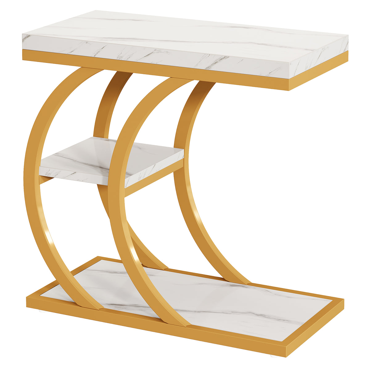 C-Space 3-Tier End Table, A Narrow C-Shaped Wood & Metal Side Table for Small Spaces