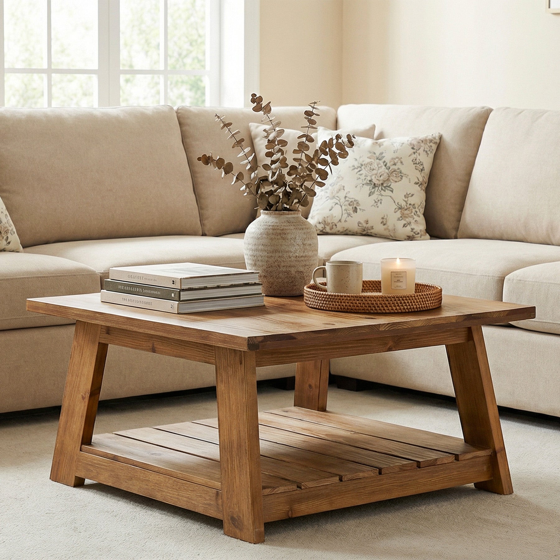 Tribesigns 31.5 Inch Solid Wood Square Coffee Table, Farmhouse Centre Table with Storage Shelf