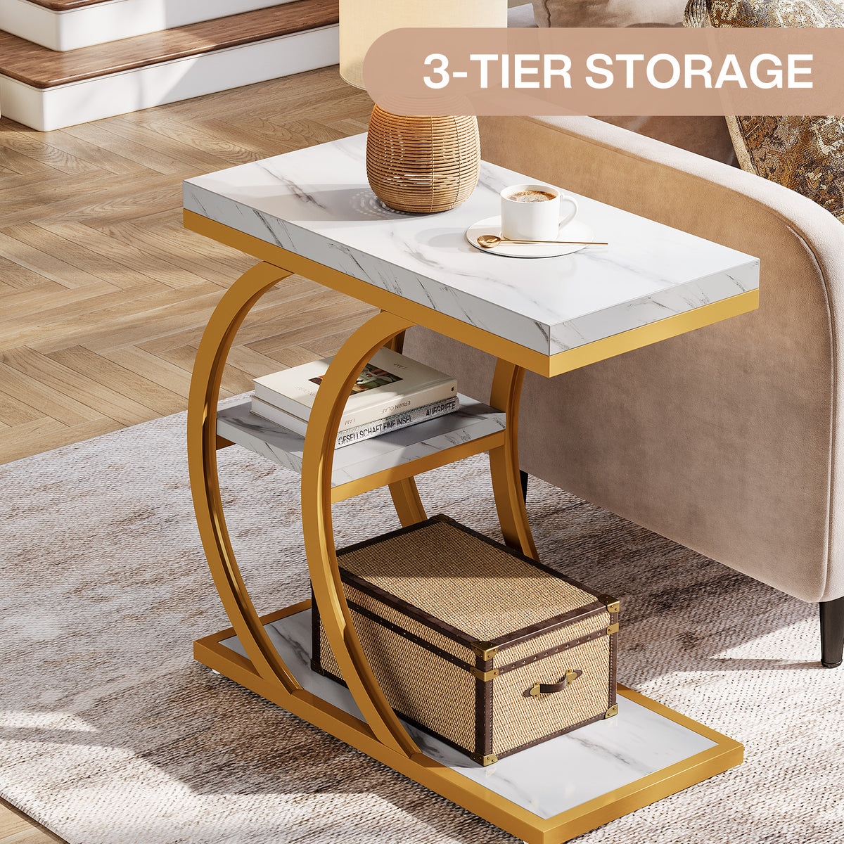 C-Space 3-Tier End Table, A Narrow C-Shaped Wood & Metal Side Table for Small Spaces