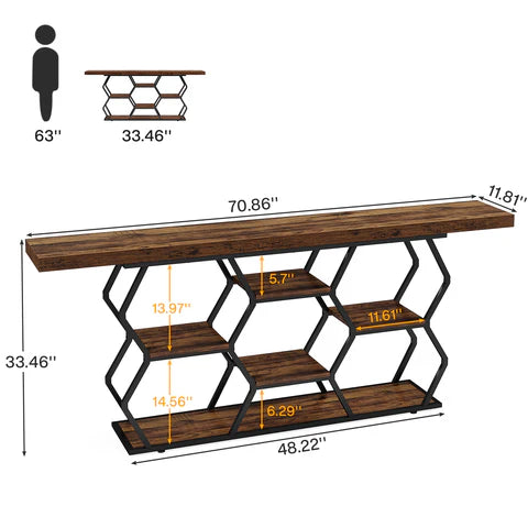 70.9" Console Table, Long Sofa Table with Storage Shelves