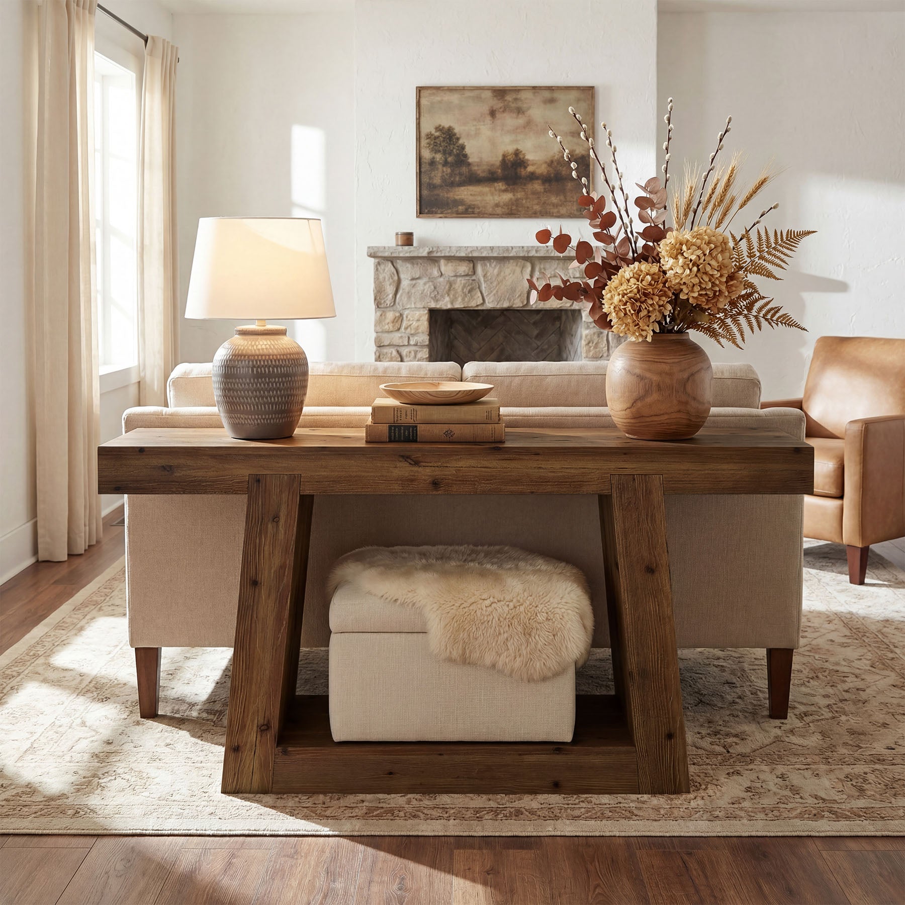 55-Inch Solid Wood Console Table, Farmhouse Narrow Sofa Table with Storage for Entryway, Hallway, Living Room