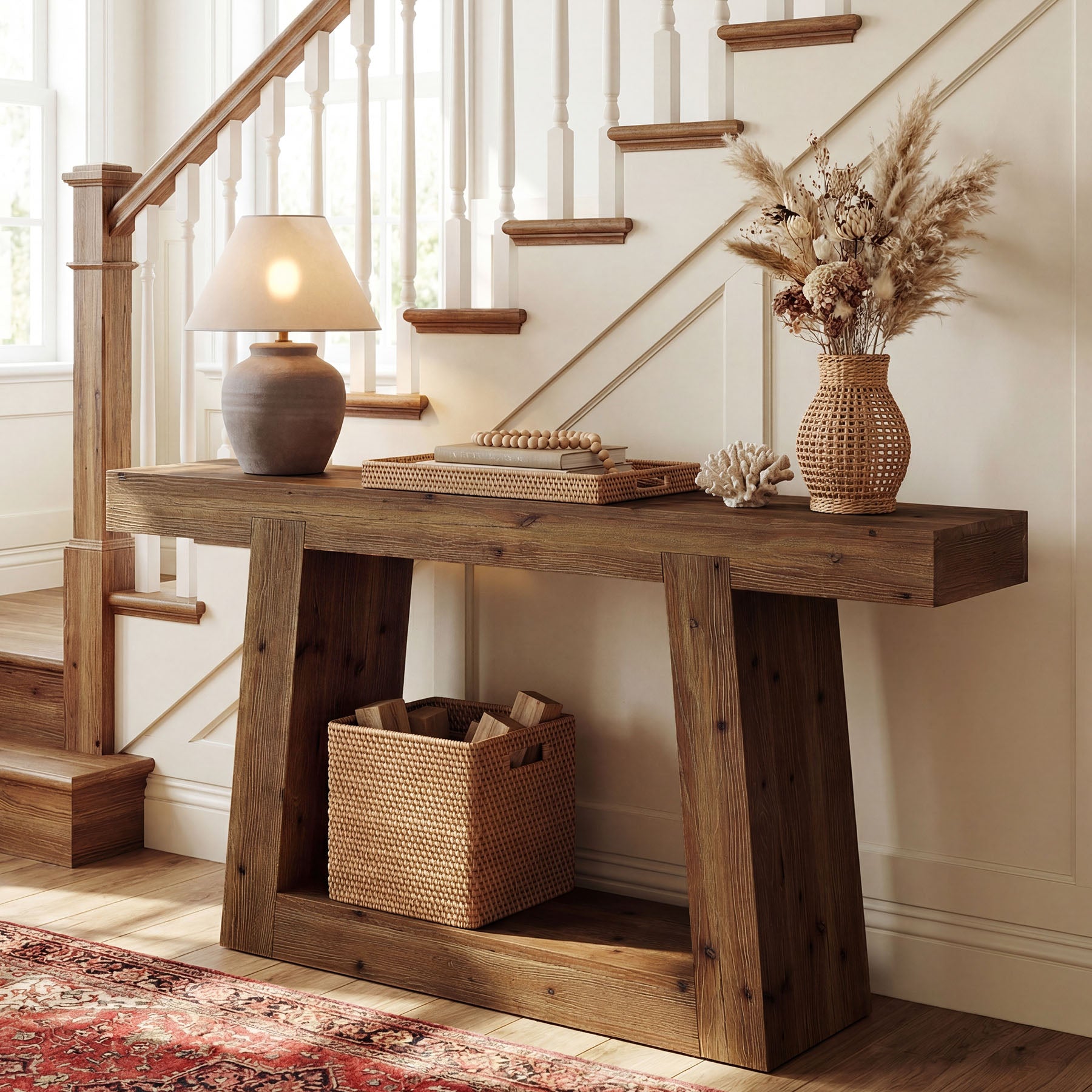 55-Inch Solid Wood Console Table, Farmhouse Narrow Sofa Table with Storage for Entryway, Hallway, Living Room
