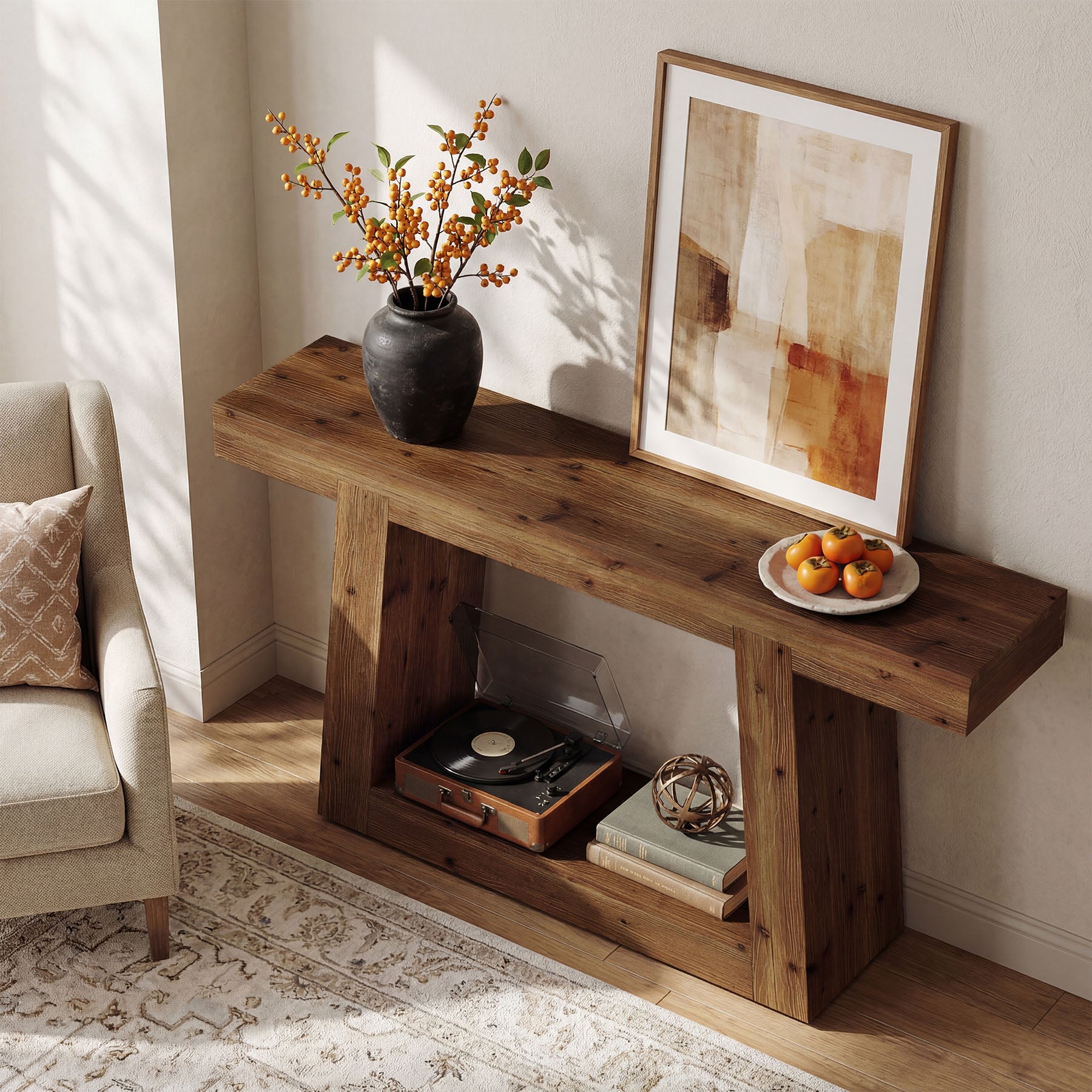 55-Inch Solid Wood Console Table, Farmhouse Narrow Sofa Table with Storage for Entryway, Hallway, Living Room