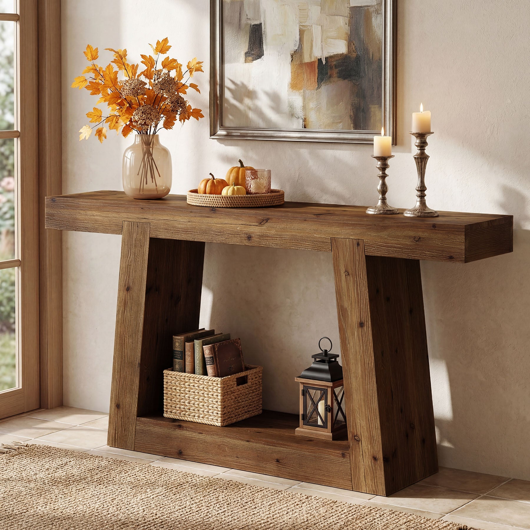 55-Inch Solid Wood Console Table, Farmhouse Narrow Sofa Table with Storage for Entryway, Hallway, Living Room