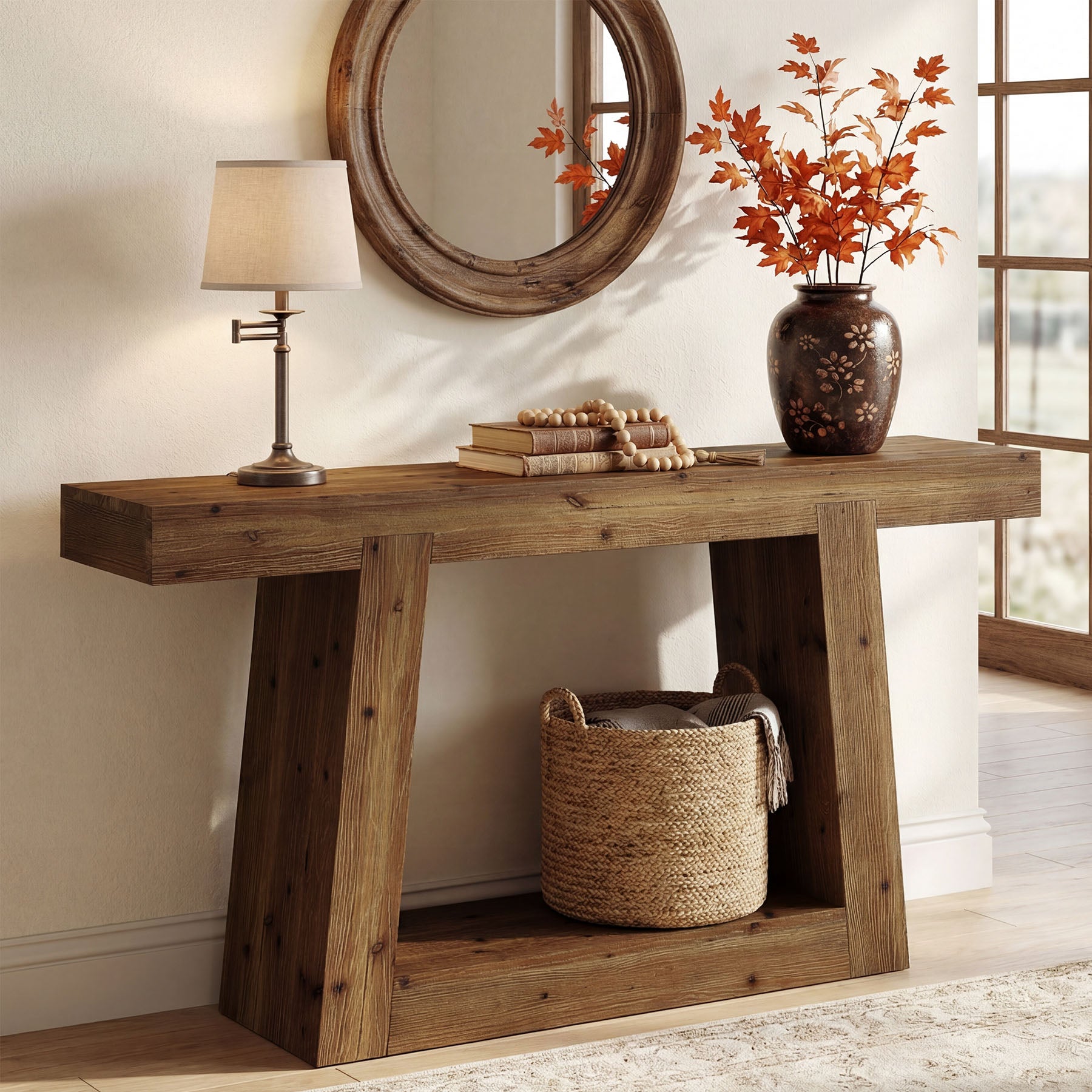 55-Inch Solid Wood Console Table, Farmhouse Narrow Sofa Table with Storage for Entryway, Hallway, Living Room