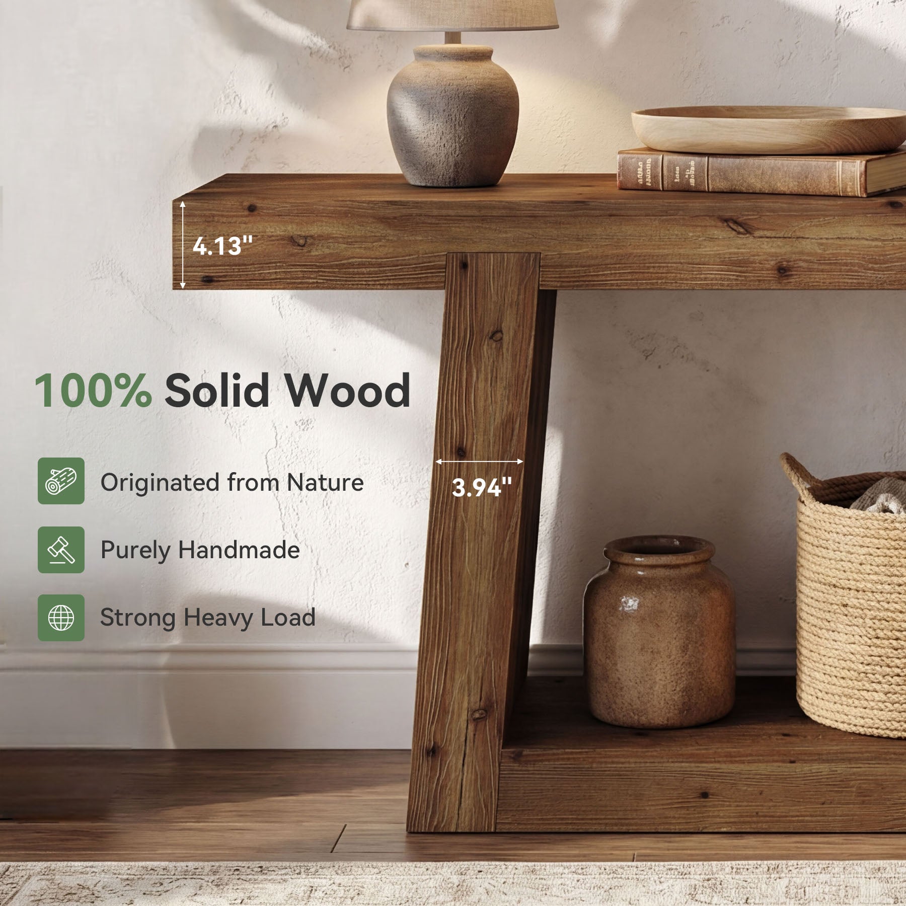 55-Inch Solid Wood Console Table, Farmhouse Narrow Sofa Table with Storage for Entryway, Hallway, Living Room