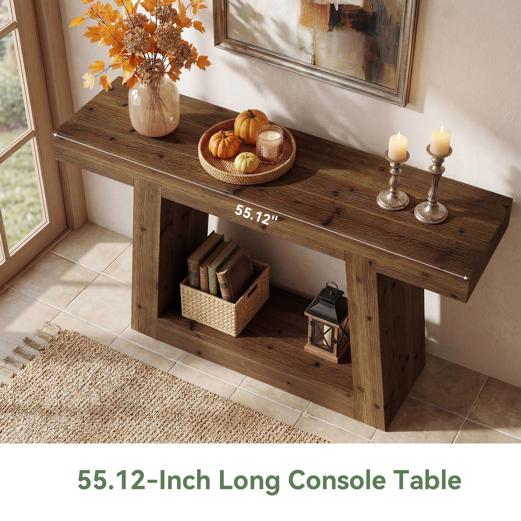 55-Inch Solid Wood Console Table, Farmhouse Narrow Sofa Table with Storage for Entryway, Hallway, Living Room