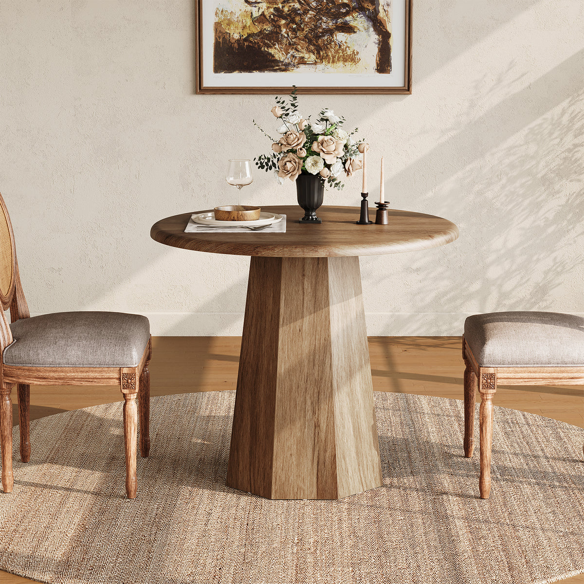 Compact Round Dining Table 31.5", Octagonal Base Kitchen Table for 2-4 People