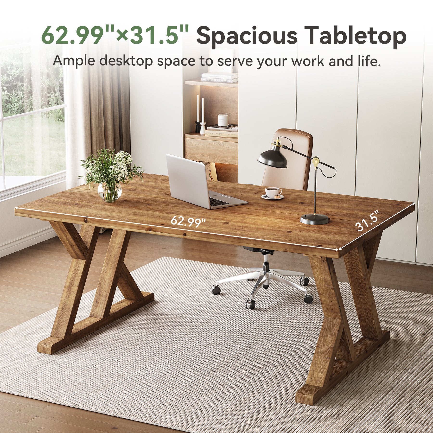 Tribesigns 63-Inch Solid Wood Executive Desk with X-Shaped Legs, Large Farmhouse Computer Desk for Home Office