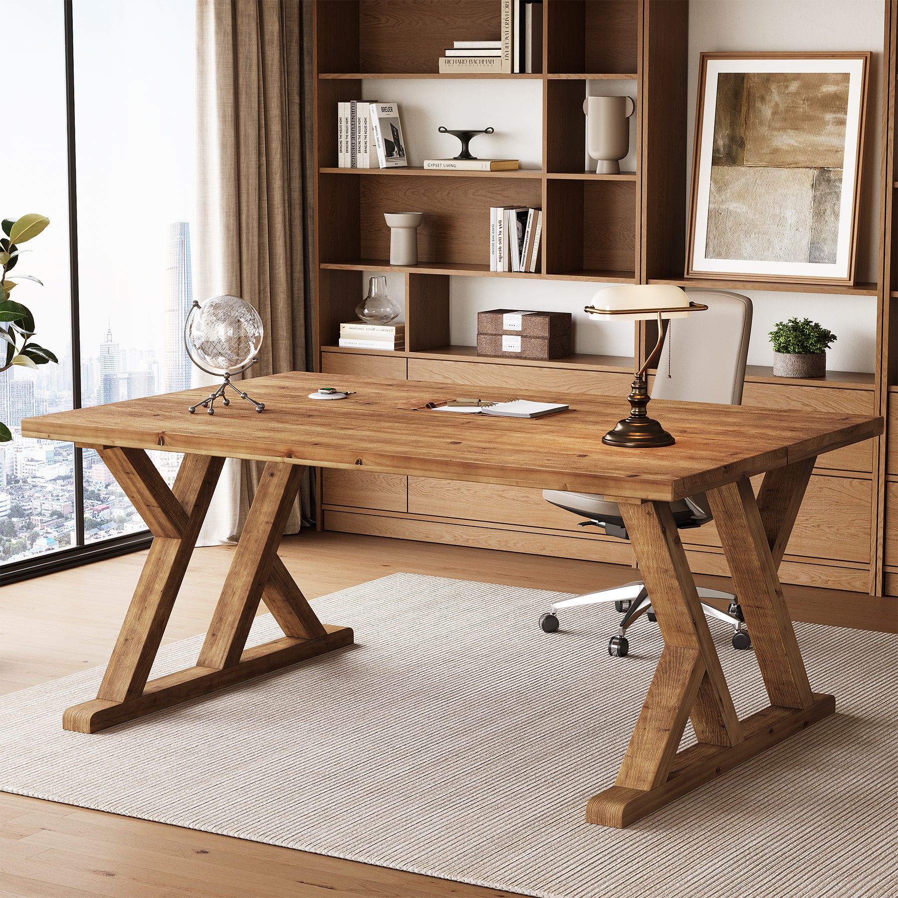 Tribesigns 63-Inch Solid Wood Executive Desk with X-Shaped Legs, Large Farmhouse Computer Desk for Home Office