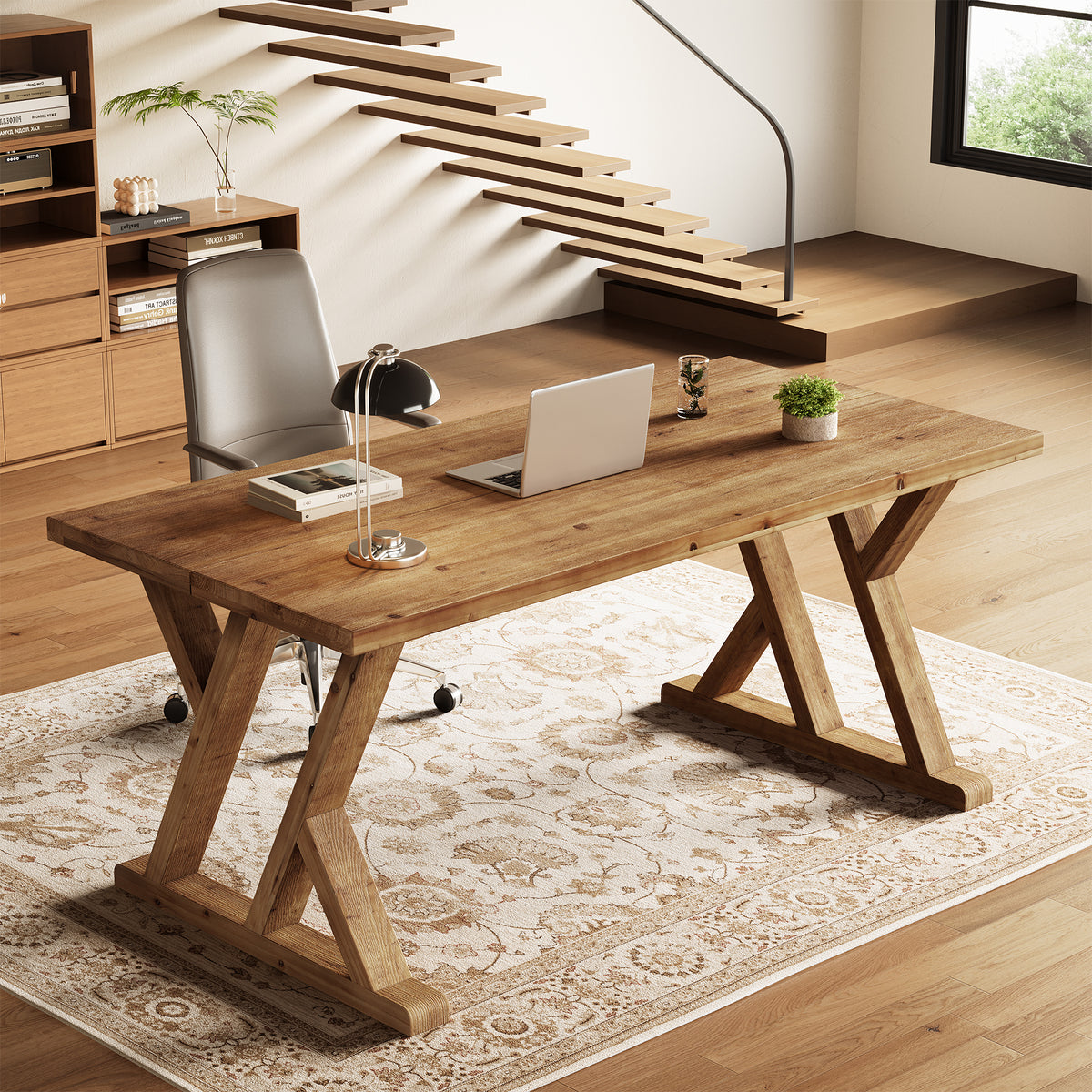 Tribesigns 63-Inch Solid Wood Executive Desk with X-Shaped Legs, Large Farmhouse Computer Desk for Home Office
