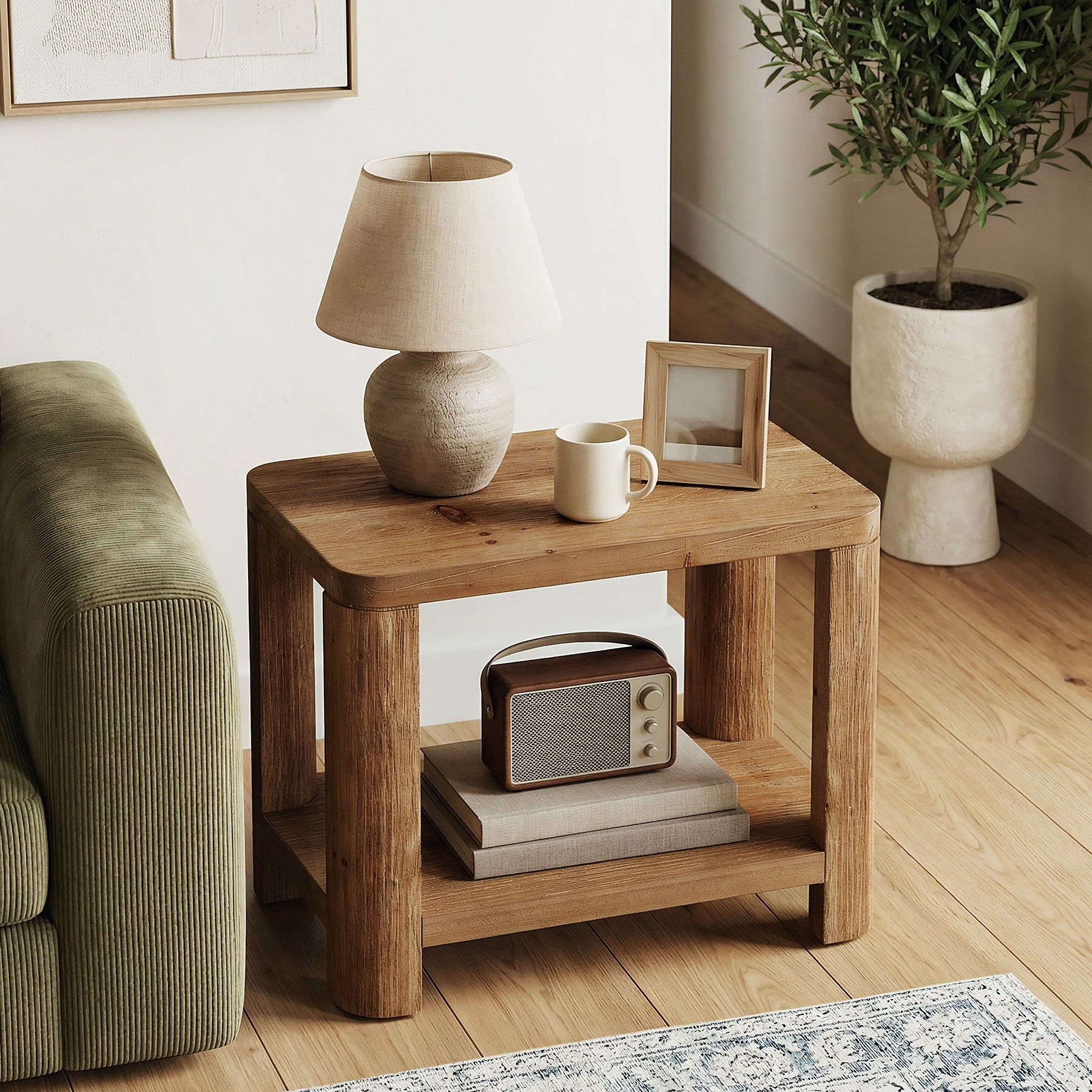 Tribesigns 27 Inch Solid Wood Side Table with 2-Tier Shelf, Farmhouse Bedside Table for Bedroom