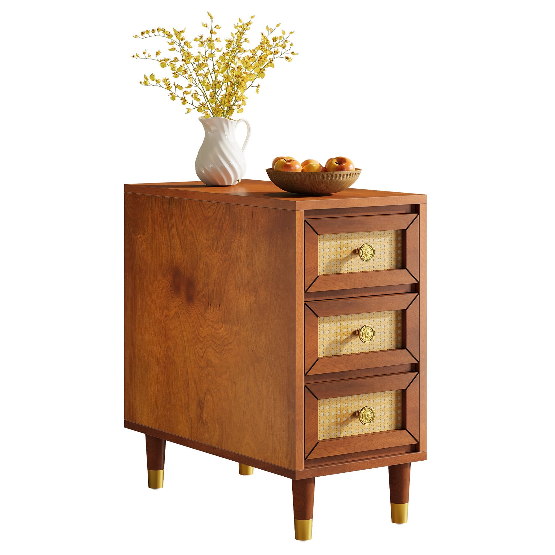 18" Mid-Century End Table - Solid Wood 3-Drawer Nightstand w/Rattan Front