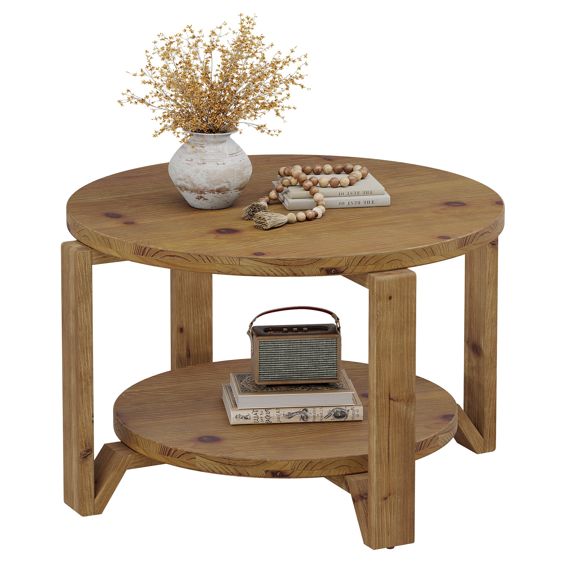 30" Solid Wood Round Coffee Table, Two-Tier Farmhouse Center Table with Natural Texture in Warm Brown