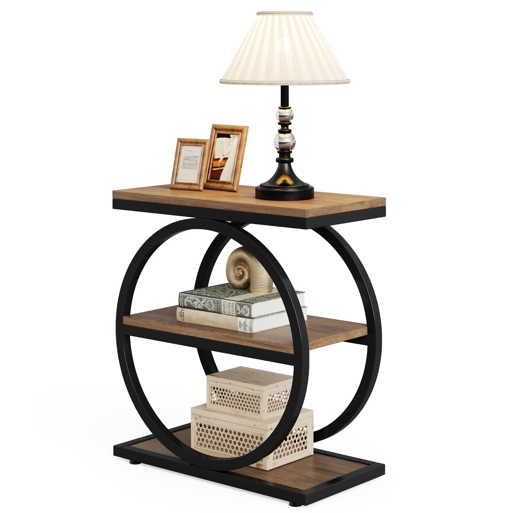 3-Tier End Table, Industrial Sofa Side Table with Round Metal Frame