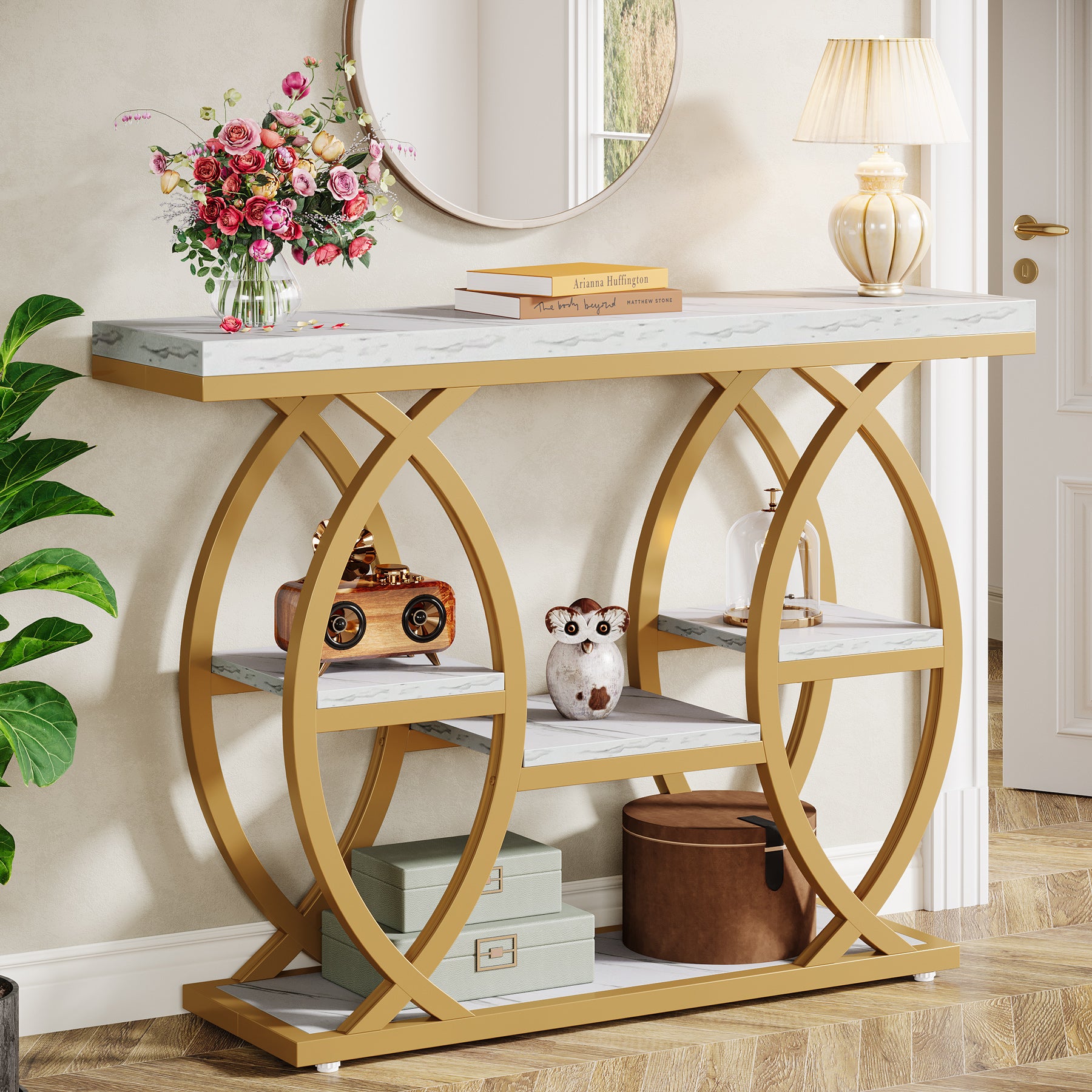 Tribesigns 39.4-Inch 4-Tier Console Table with Geometric Metal Frame, Sofa Table for Hallway Foyer and Small Spaces