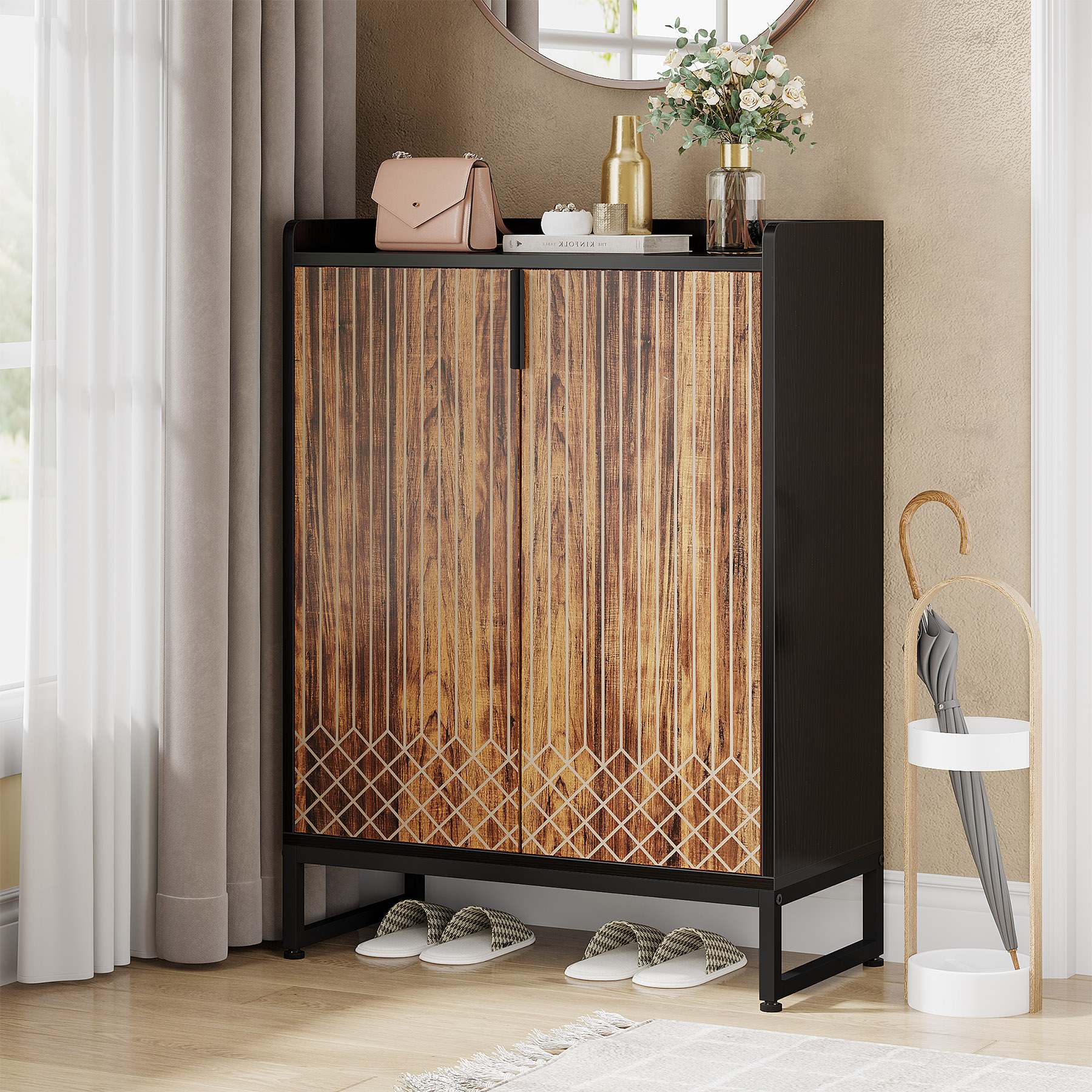 Tribesigns White 5-Tier Freestanding Wood Shoes Cabinet with Gold Metal Frame