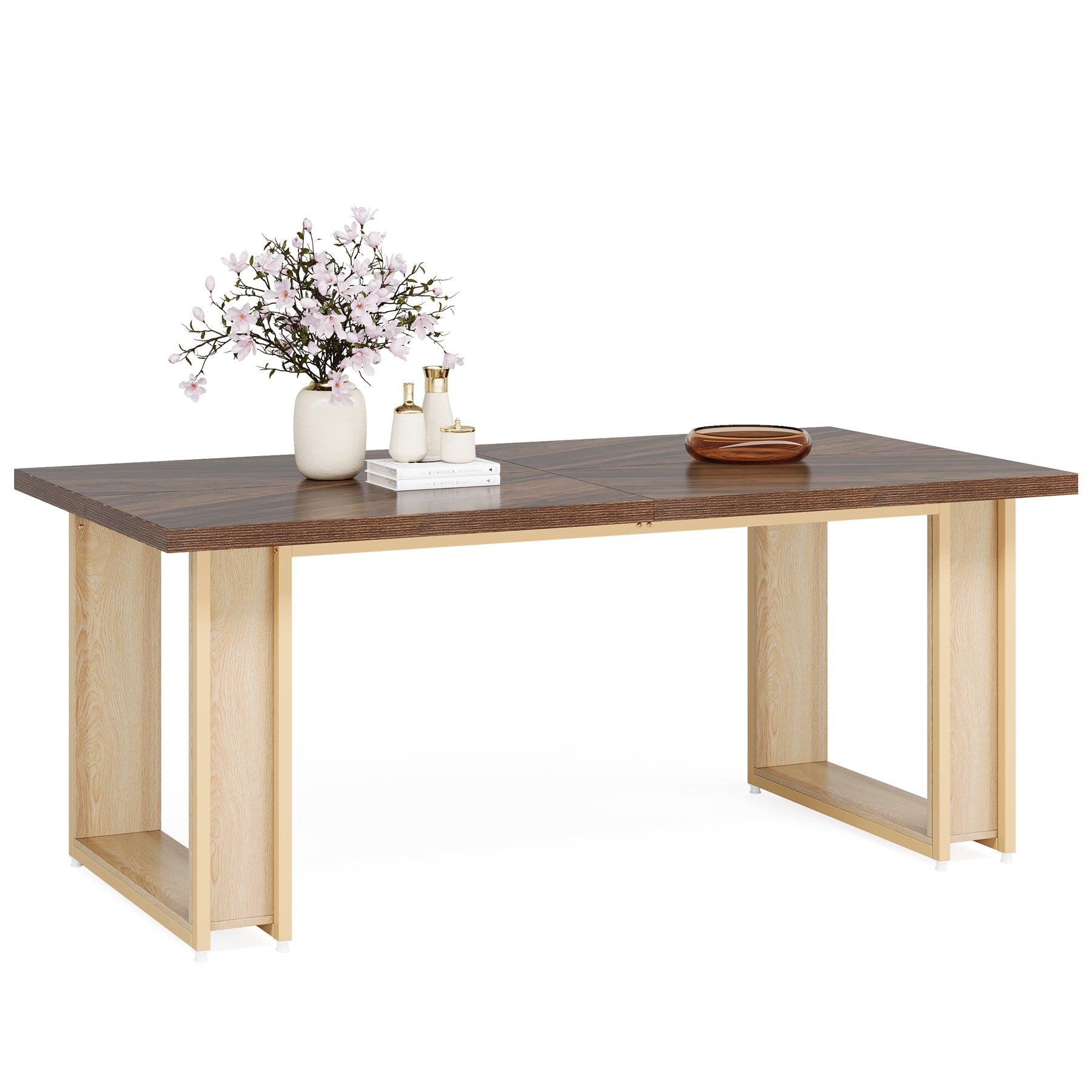 63" Dining Table, Wood Kitchen Table with Metal Frame for 4 People