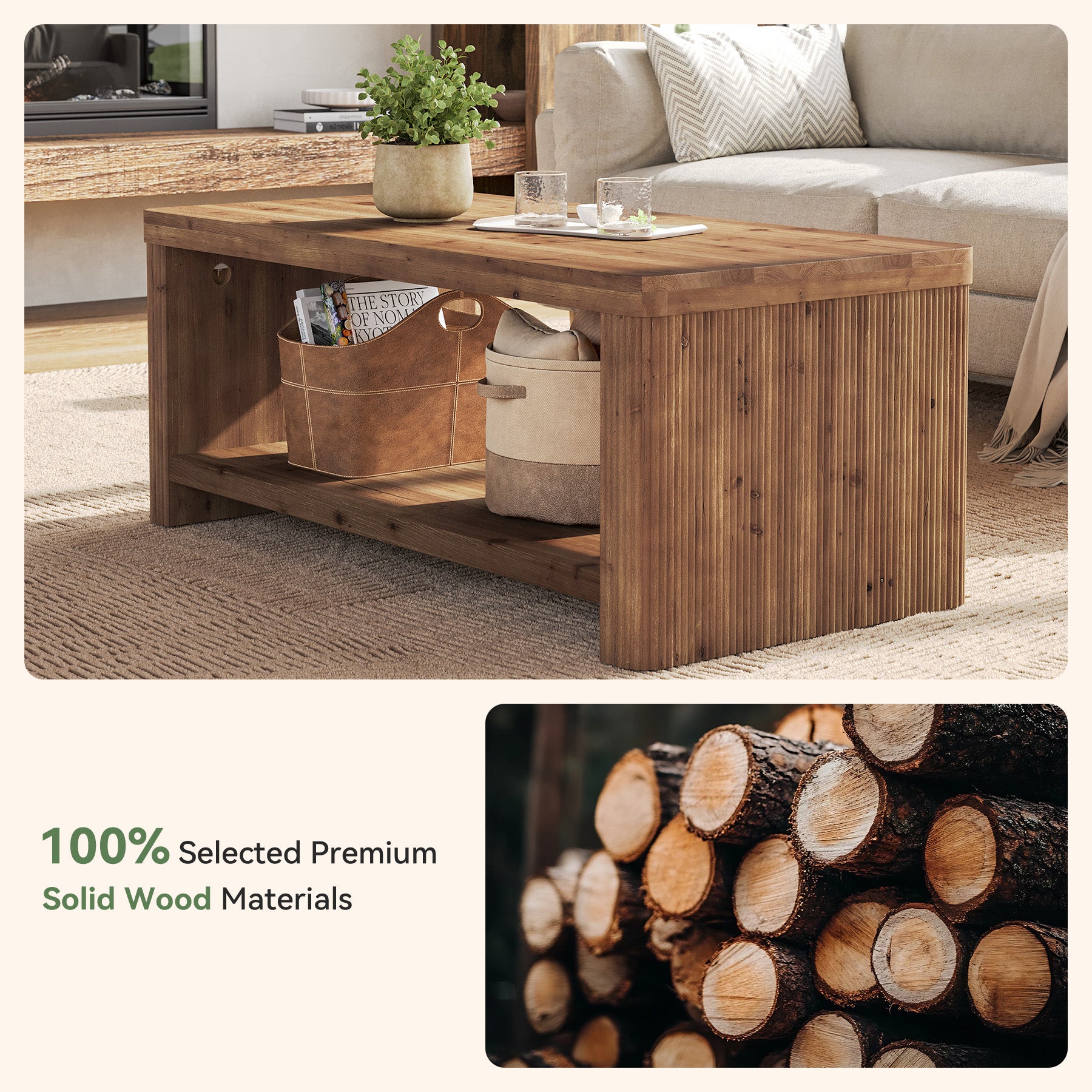 47.24" Solid Wood Coffee Table in Rustic Brown, Modern Fluted Low Rectangle Center Table with 2-Tier Storage