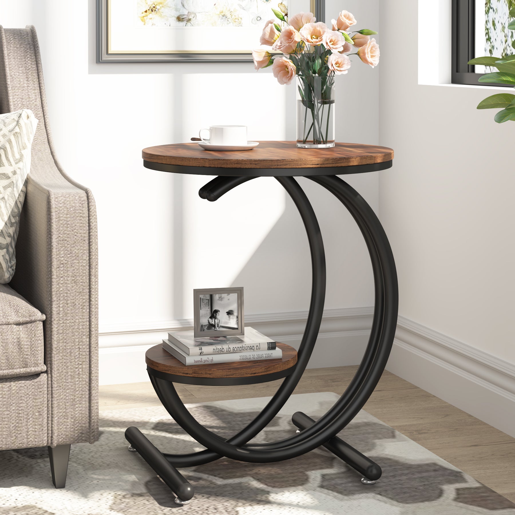 19.68" Round End Table with Storage, 2 Tier Industrial Side Table