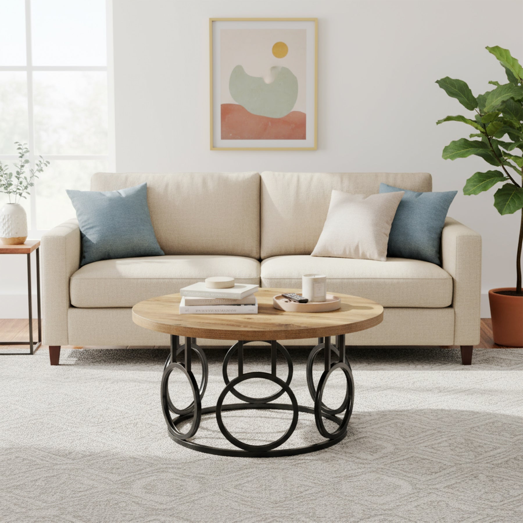 31.5-Inch Round Coffee Table, Rustic Wood Grain and Metal Base with Industrial Design