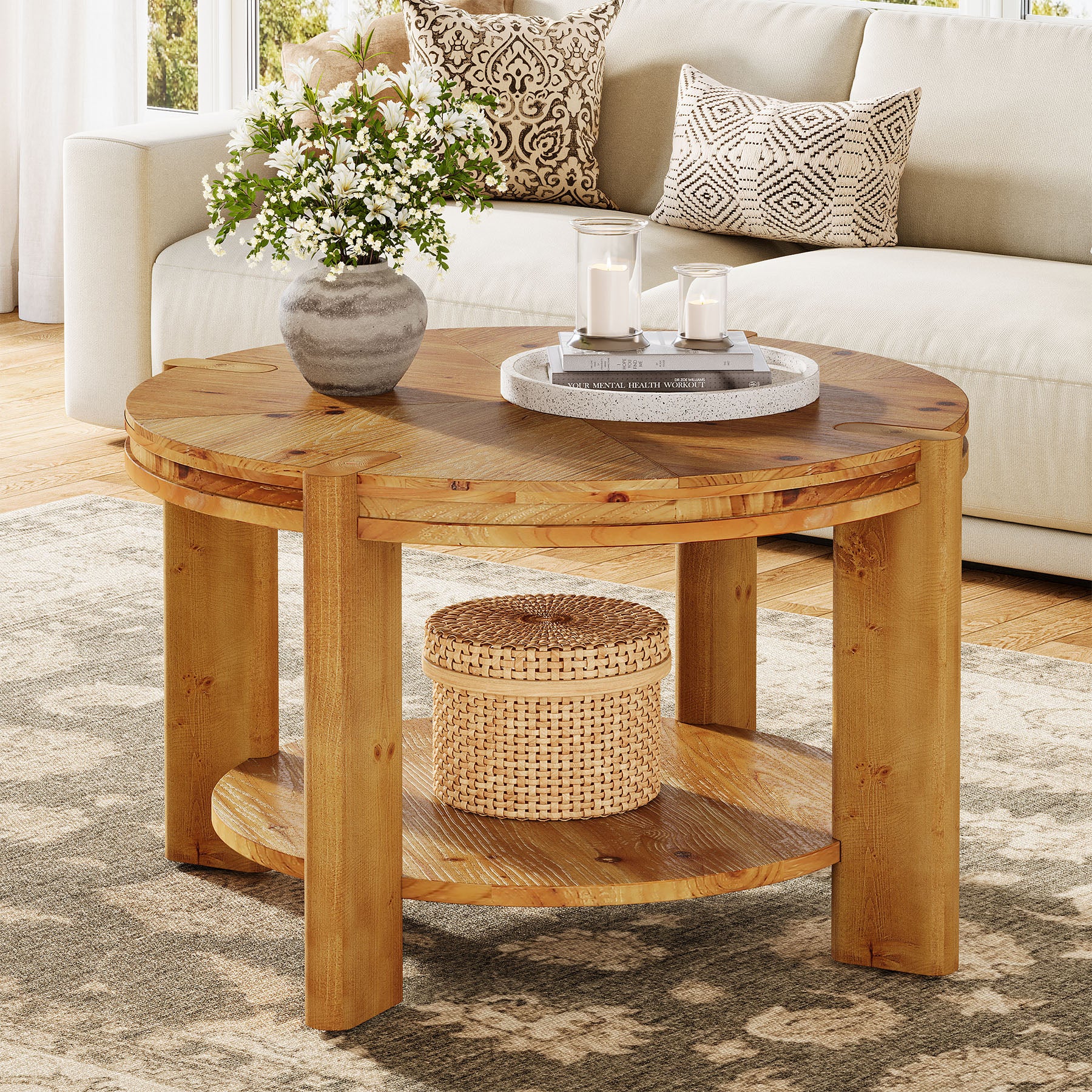 29.5 Inch Solid Wood Round Coffee Table, Farmhouse 2-Tier Circle Center Table with Open Storage Shelf for Living Room Apartment