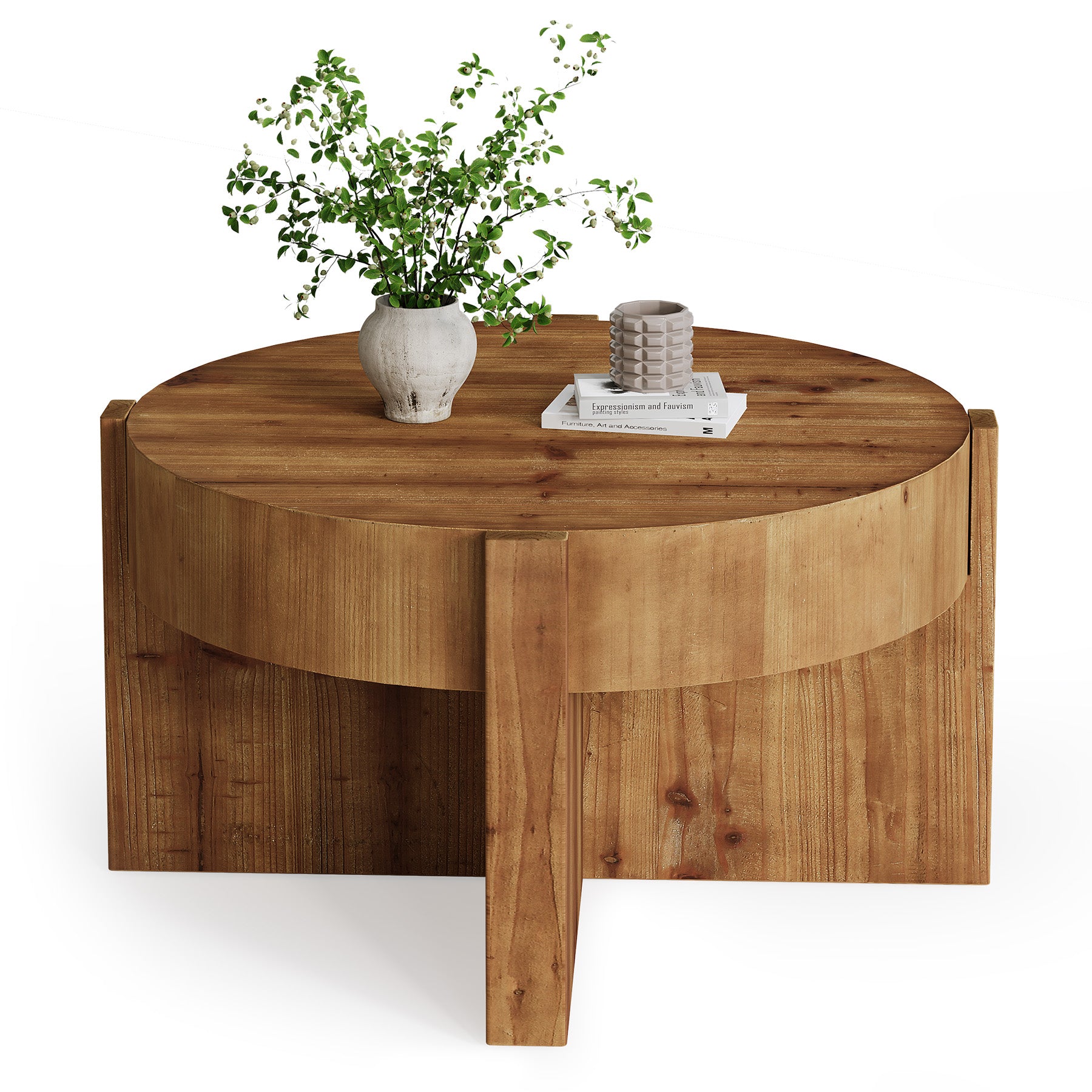 Solid Wood 31.5-Inch Round Coffee Table, Rustic Brown Farmhouse Center Table for Living Room