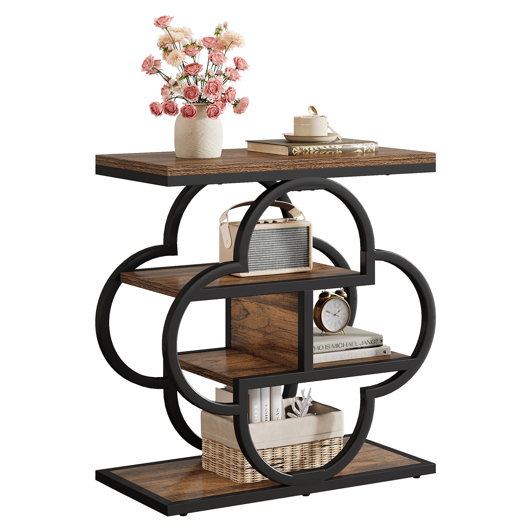 23.62 Inch Narrow Side Table with Storage, 4 Tier Wooden End Table with Metal Frame