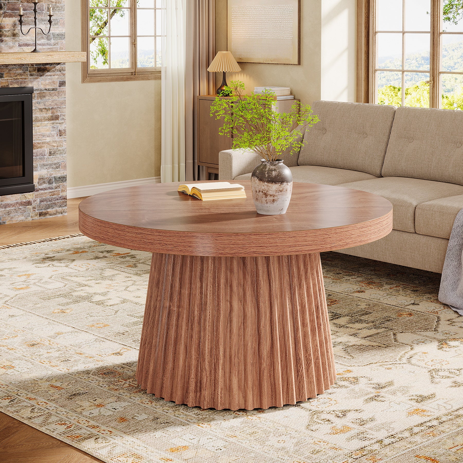 31.5" Round Fluted Coffee Table - Minimalist Wood Grain Center Piece for Small Spaces