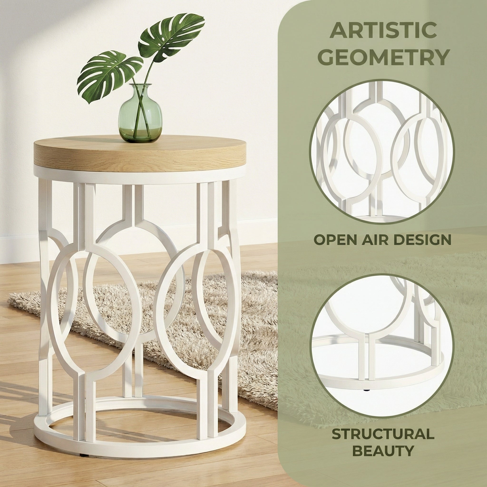 Round End Table, Industrial Side Table with Metal Hollow Frame