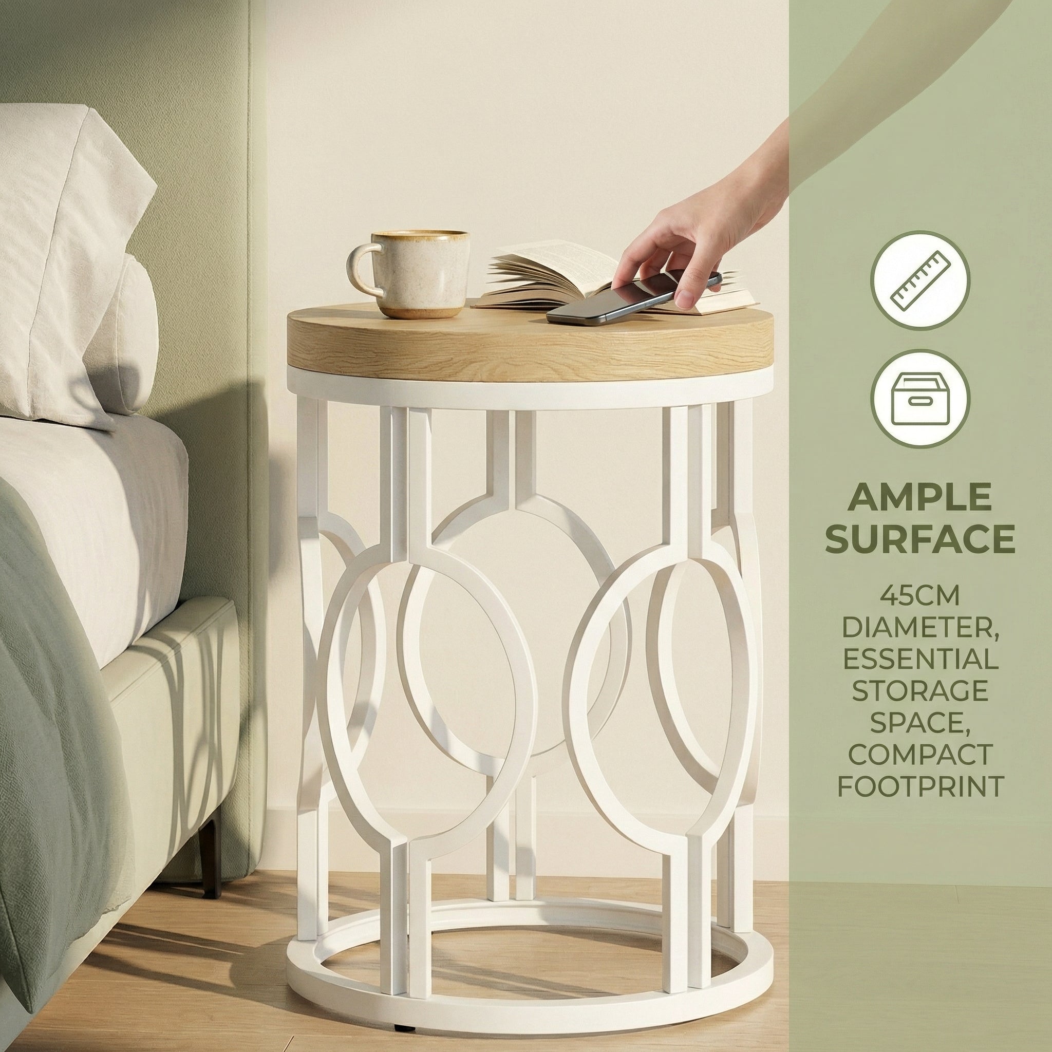 Round End Table, Industrial Side Table with Metal Hollow Frame