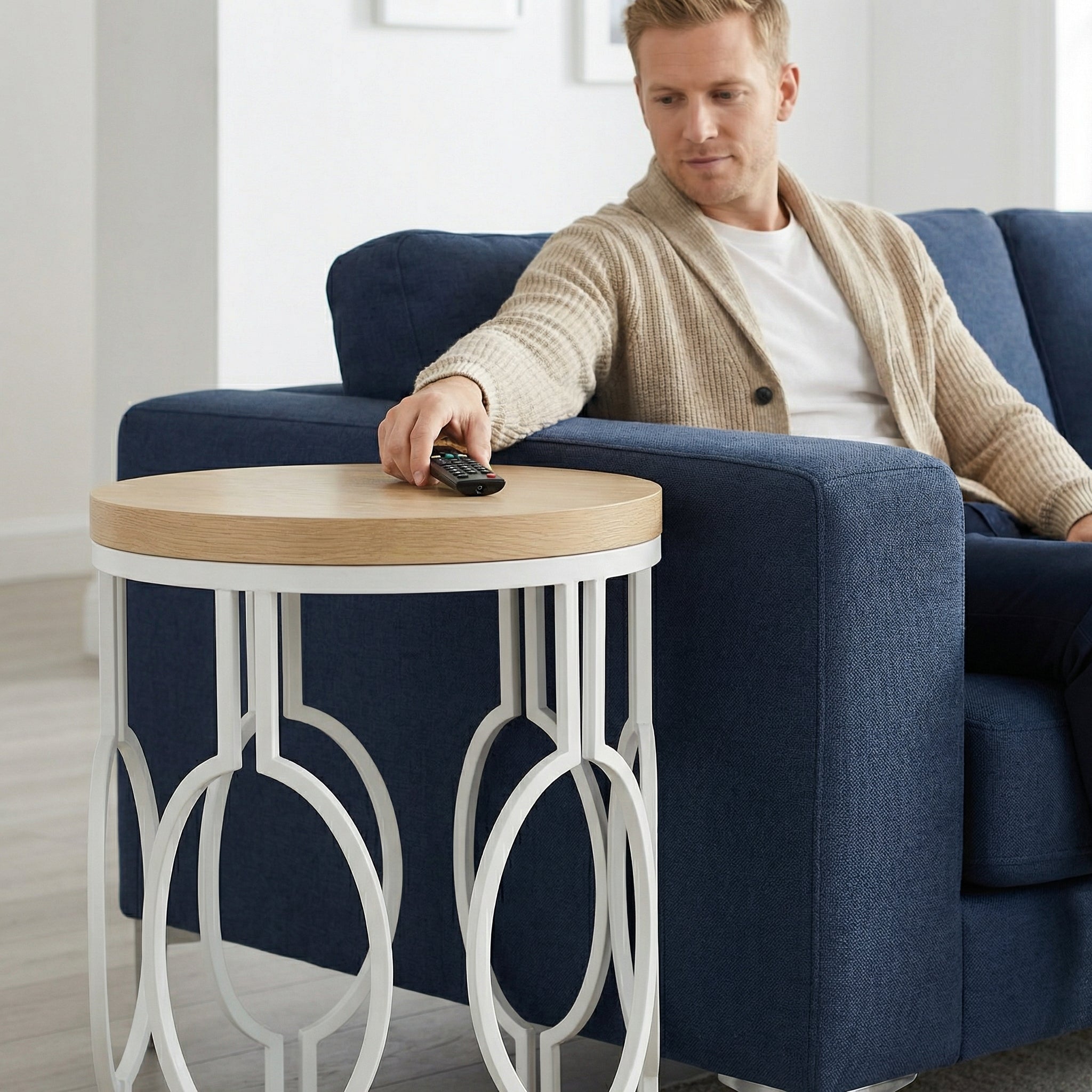 Round End Table, Industrial Side Table with Metal Hollow Frame