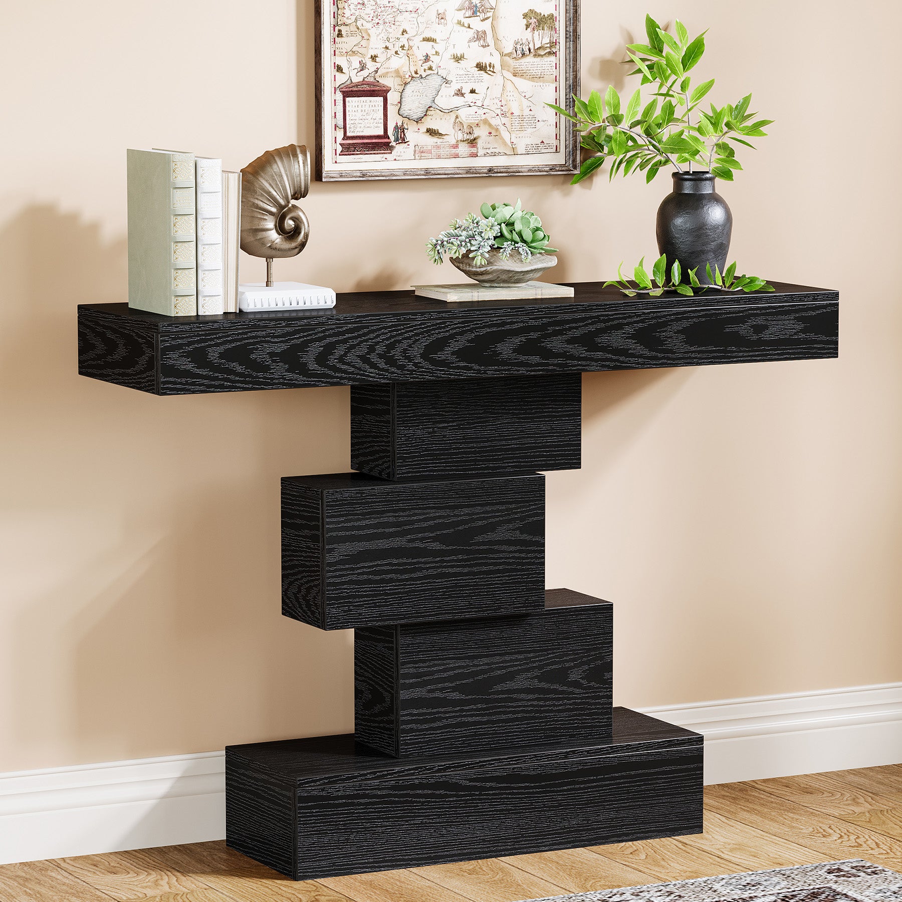 42" Console Table, Wood Sofa Table Accent Table with Geometric Base