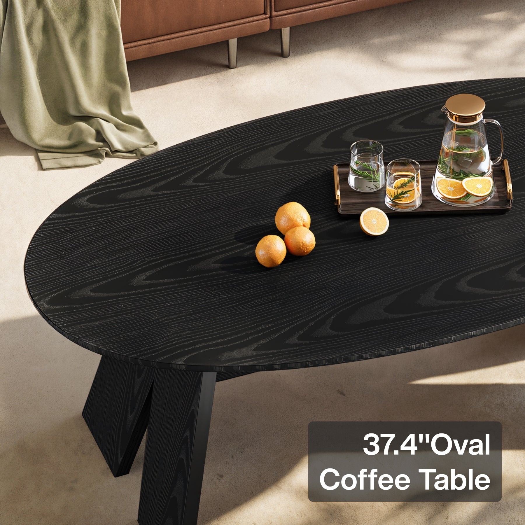 47-Inch Oval Coffee Table for Living Room, Modern Black Center Cocktail Table with Angled Legs